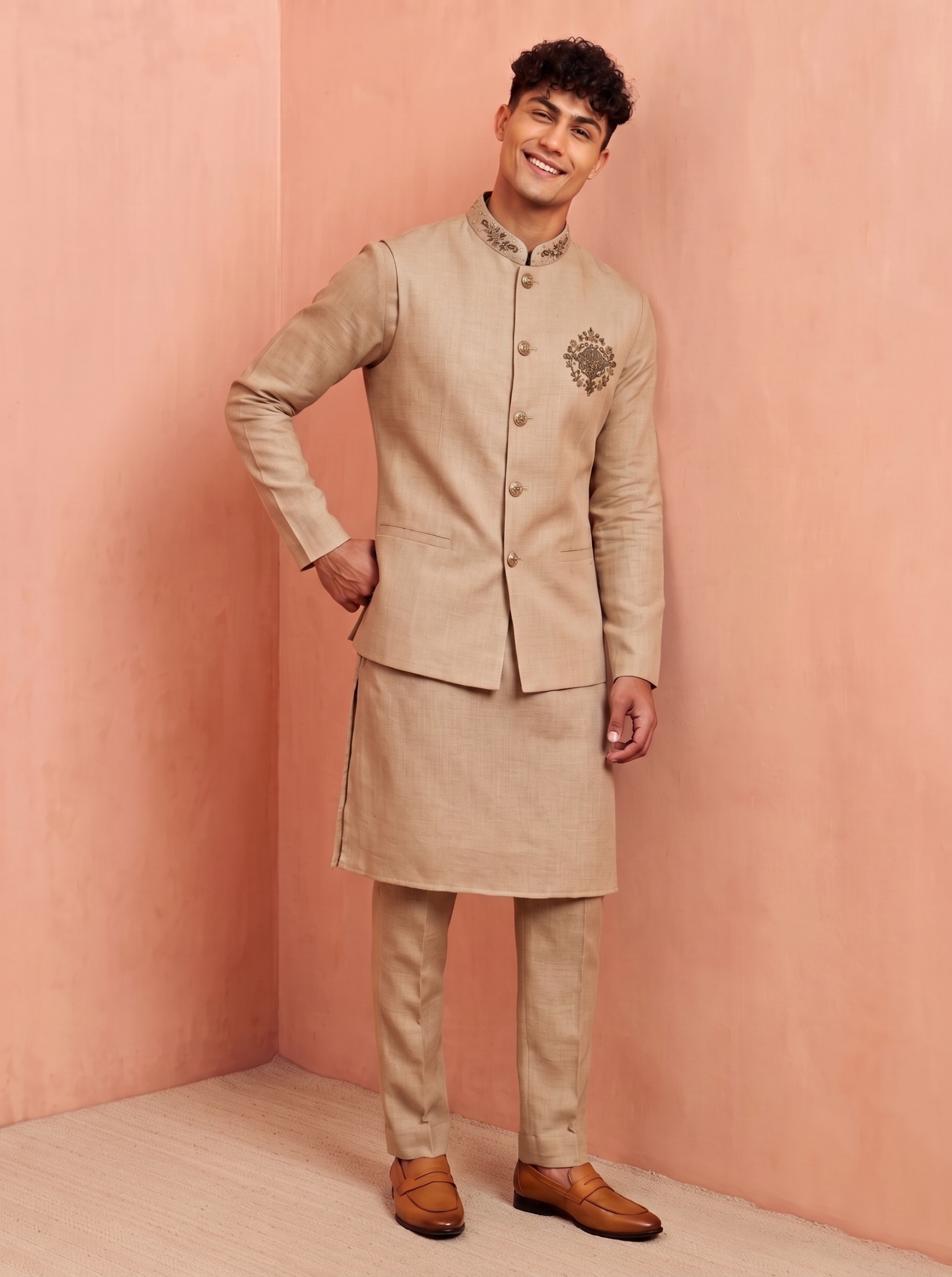 Beige Embroidery Premium Linen Jacket Kurta Pyjama