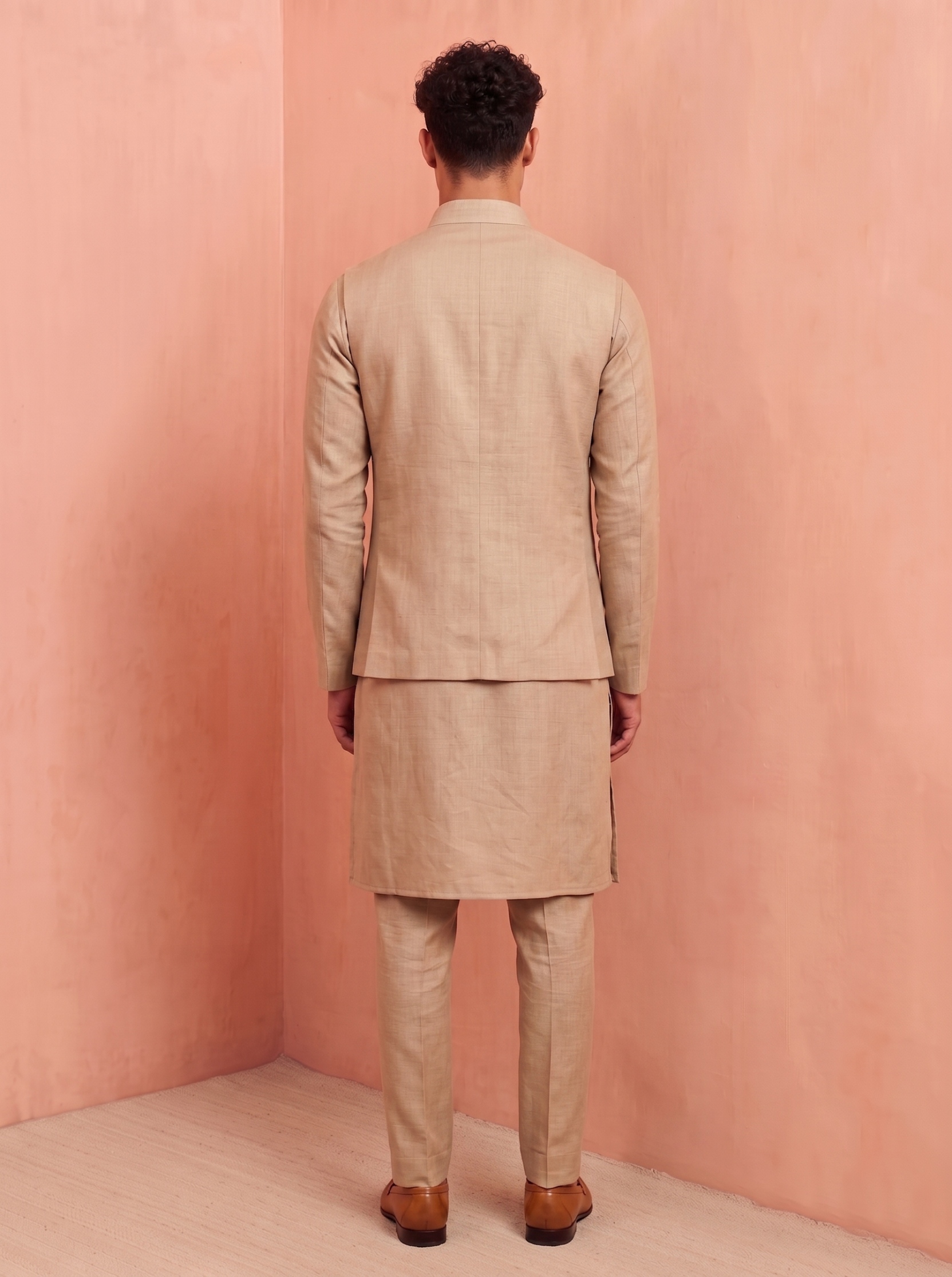 Beige Embroidery Premium Linen Jacket Kurta Pyjama — alternate view