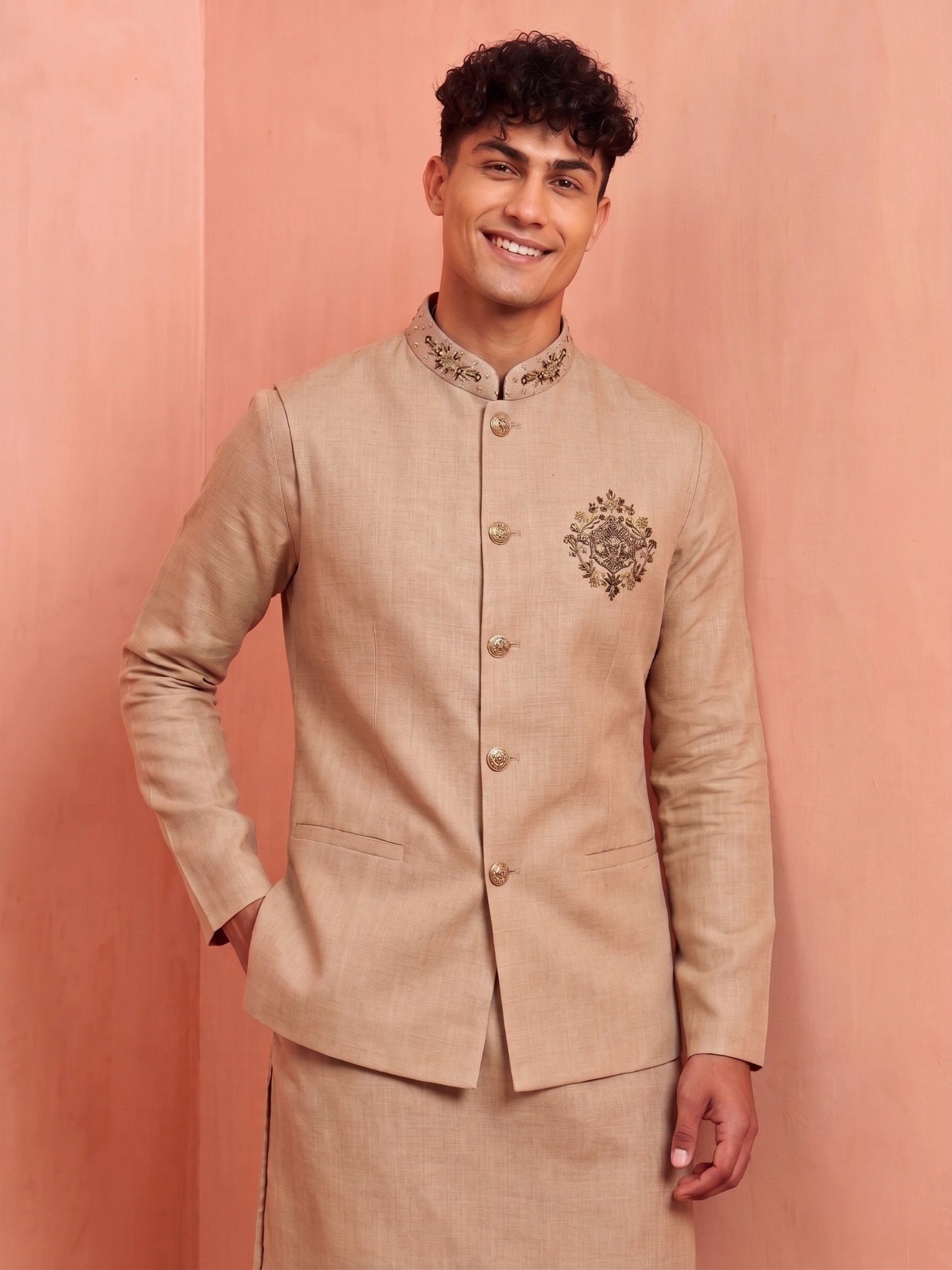 Beige Embroidery Premium Linen Jacket Kurta Pyjama