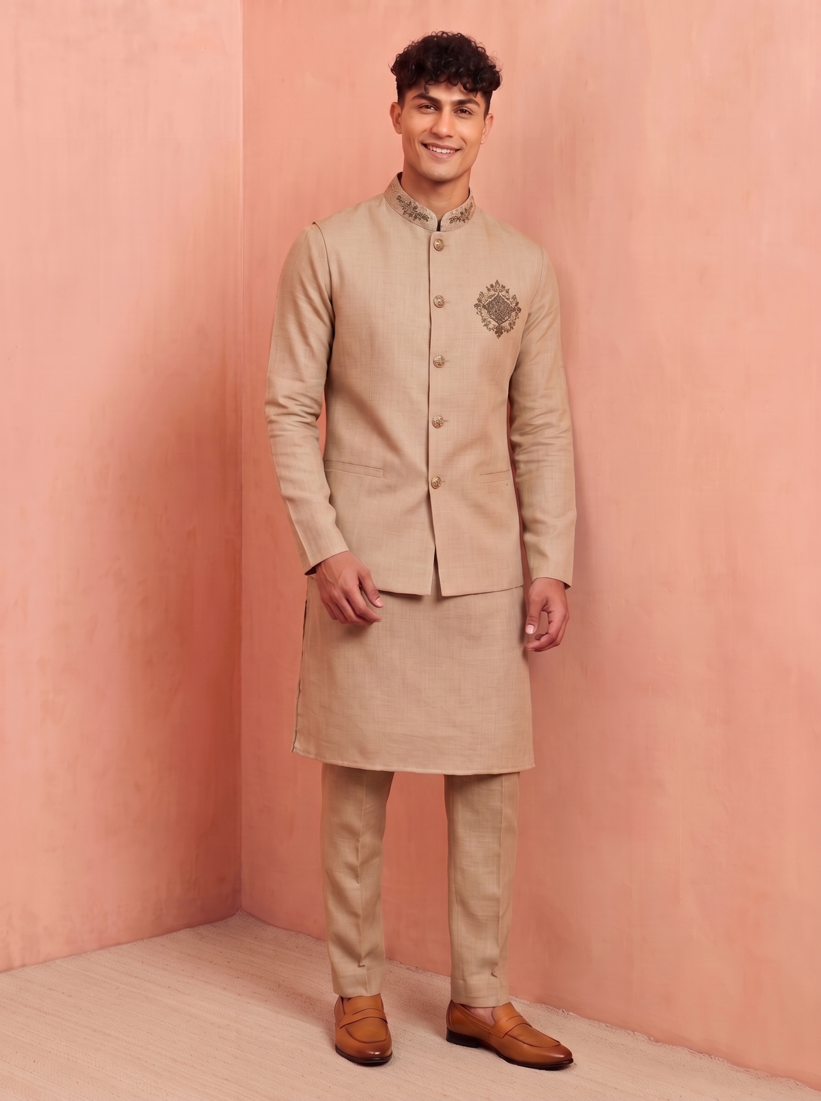 Beige Embroidery Premium Linen Jacket Kurta Pyjama
