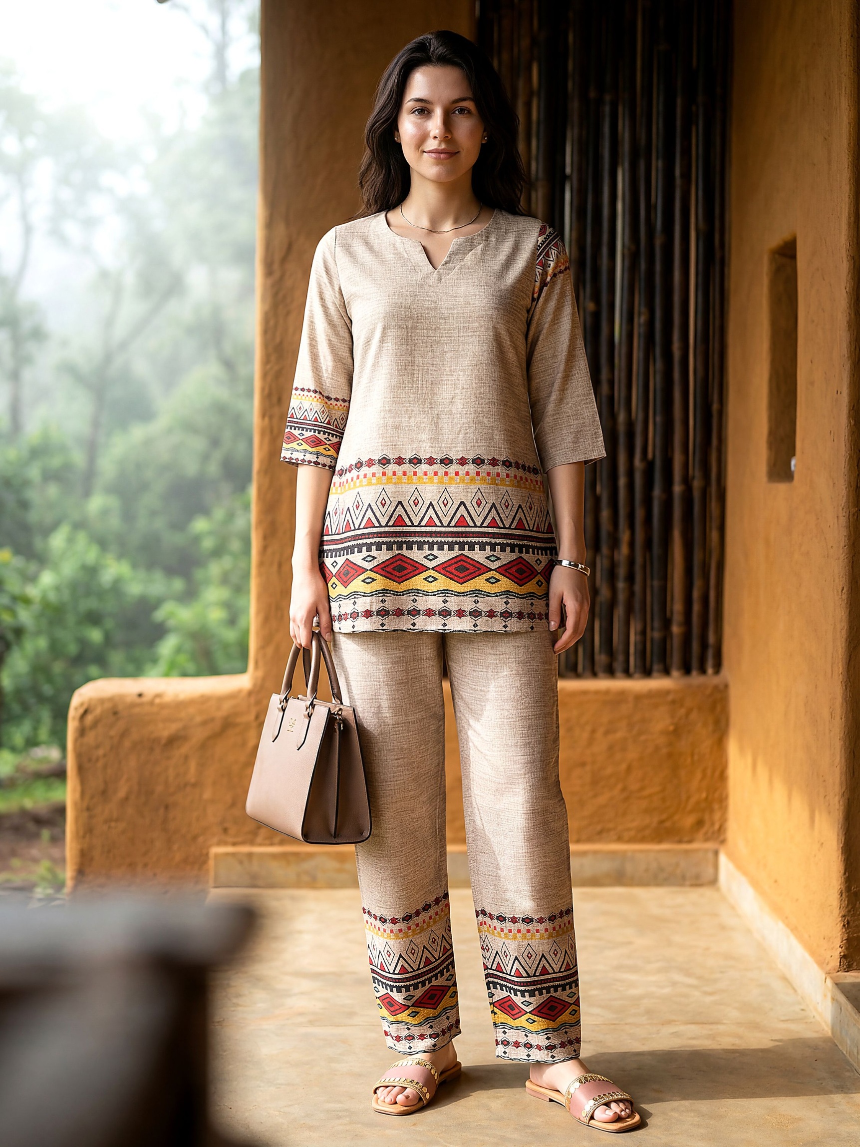 Beige Ethnic Motif Digital Print Rayon Blend Co-Ord Set