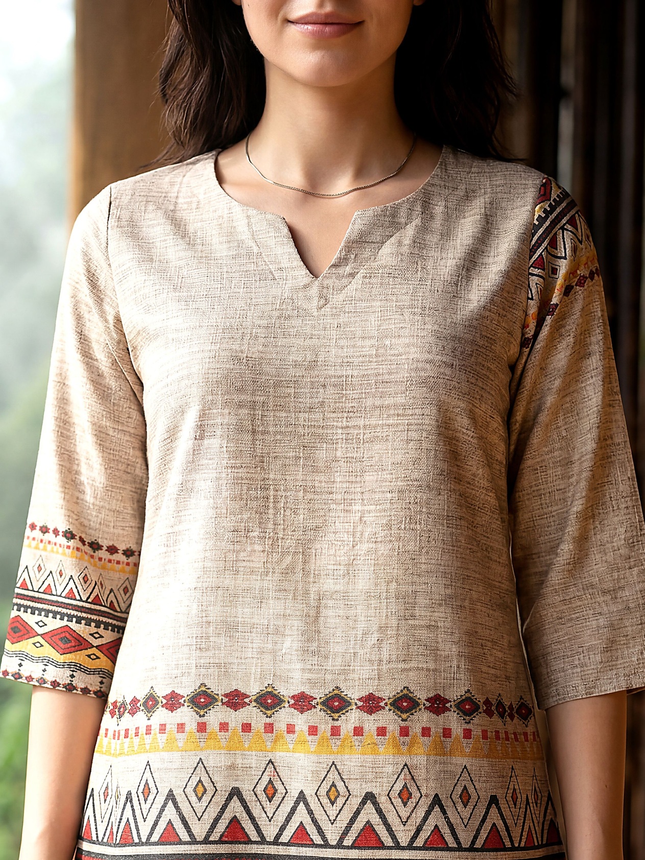 Beige Ethnic Motif Digital Print Rayon Blend Co-Ord Set