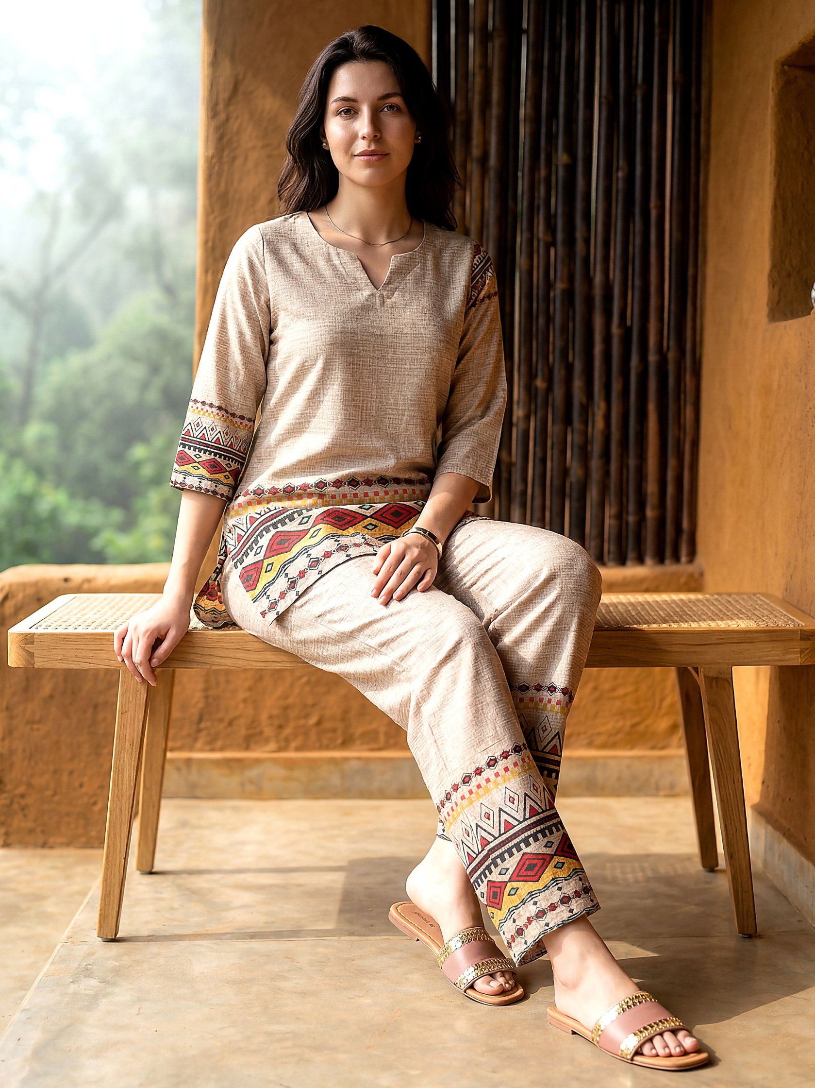 Beige Ethnic Motif Digital Print Rayon Blend Co-Ord Set