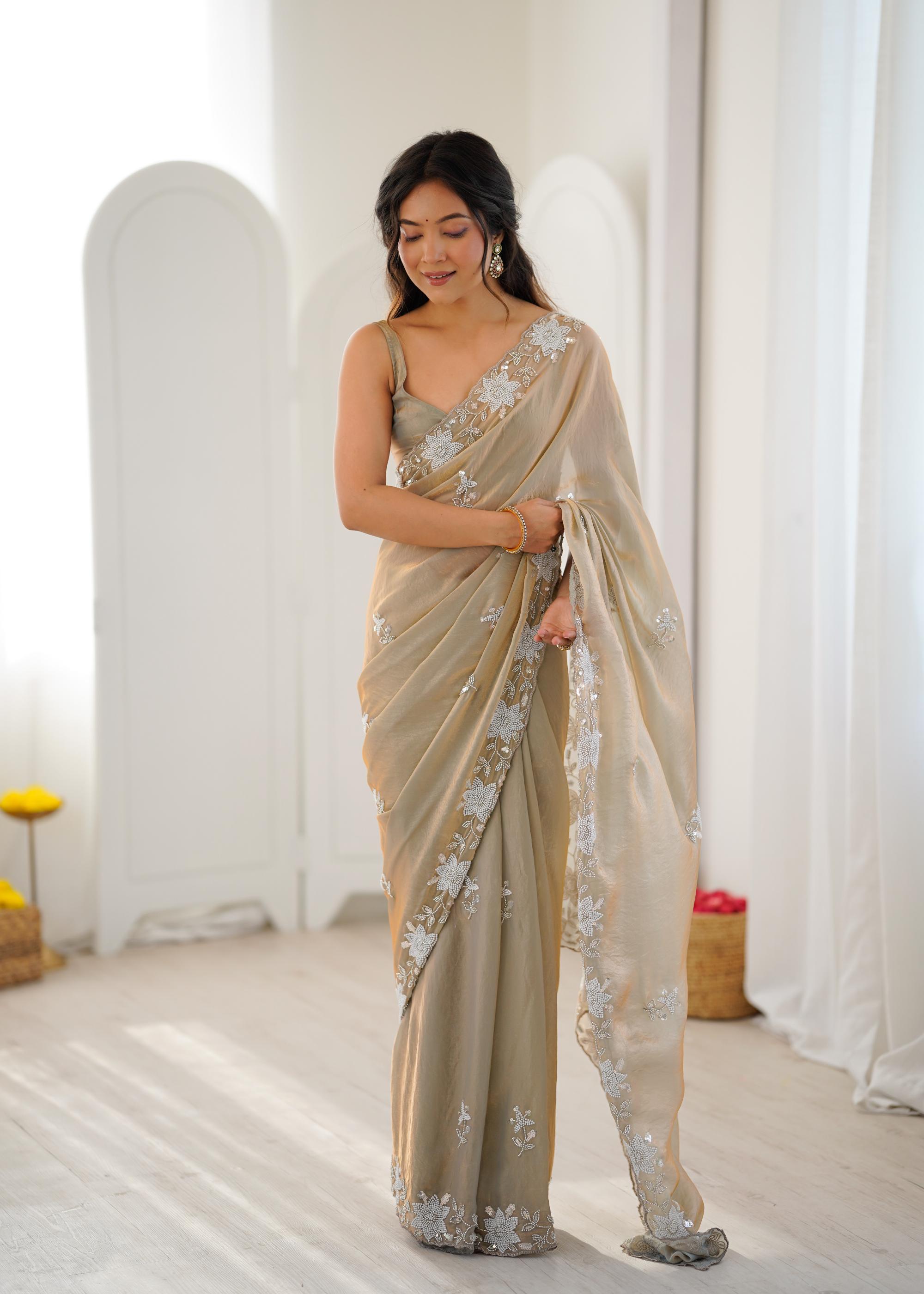 Beige Fendy Satin Sequins Moti Cutdana Saree