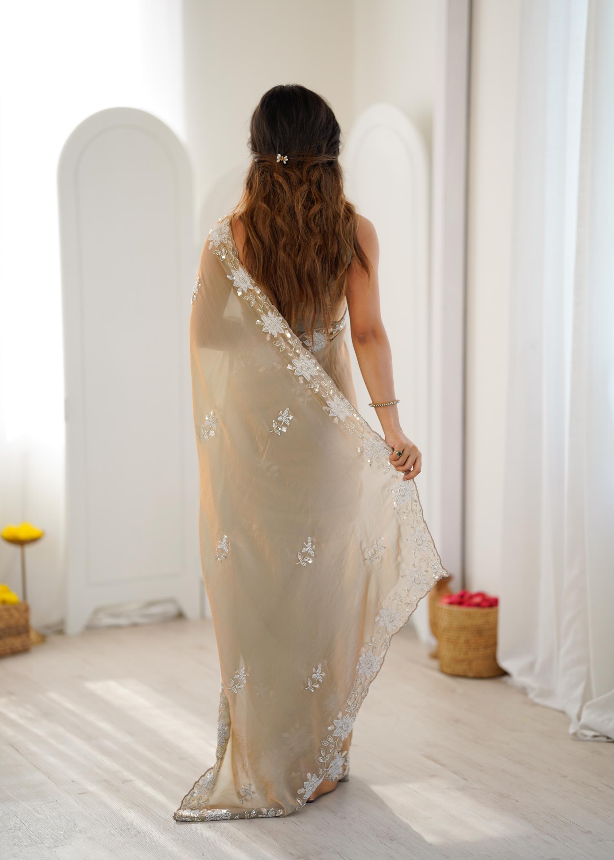 Beige Fendy Satin Sequins Moti Cutdana Saree — alternate view