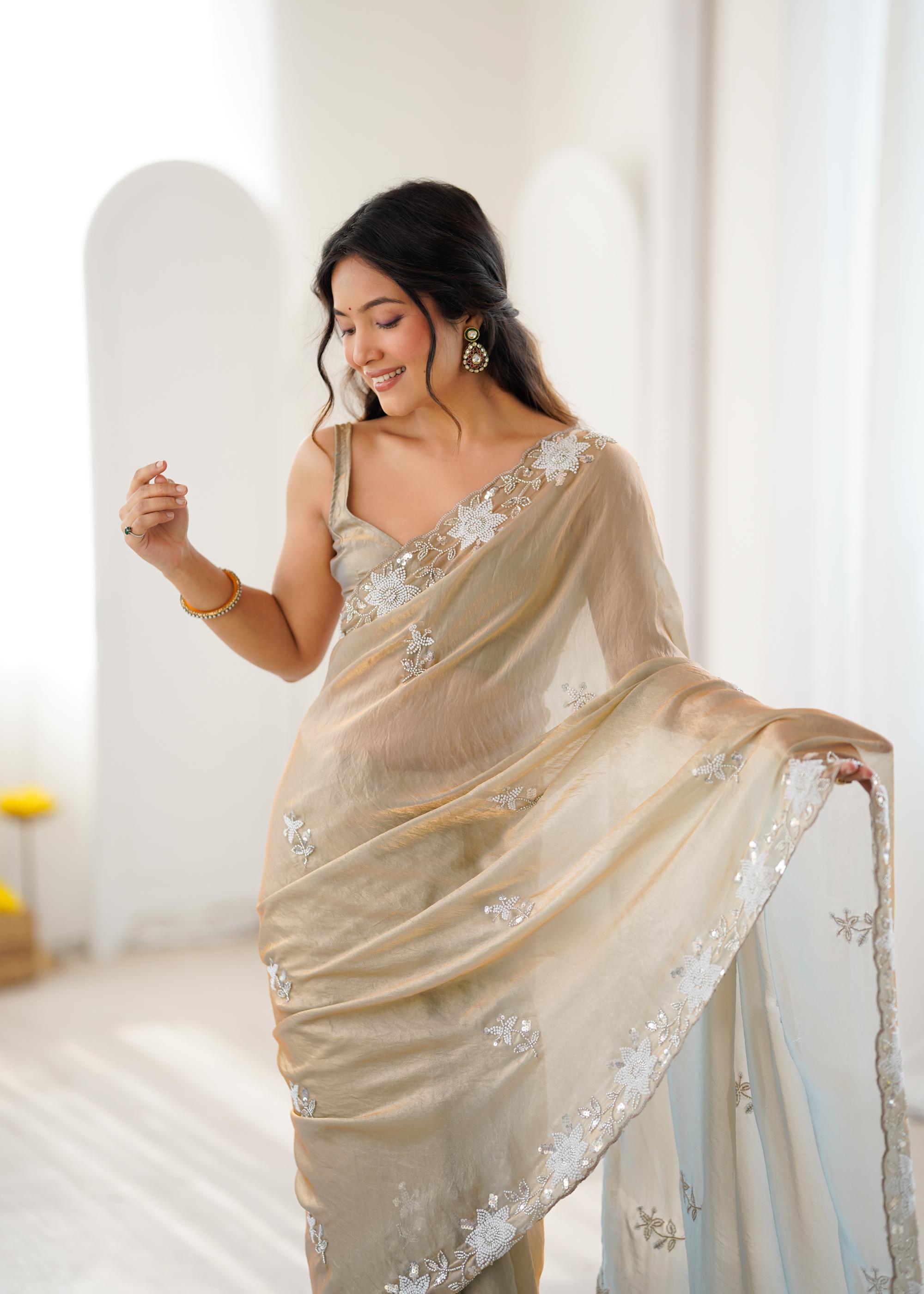 Beige Fendy Satin Sequins Moti Cutdana Saree