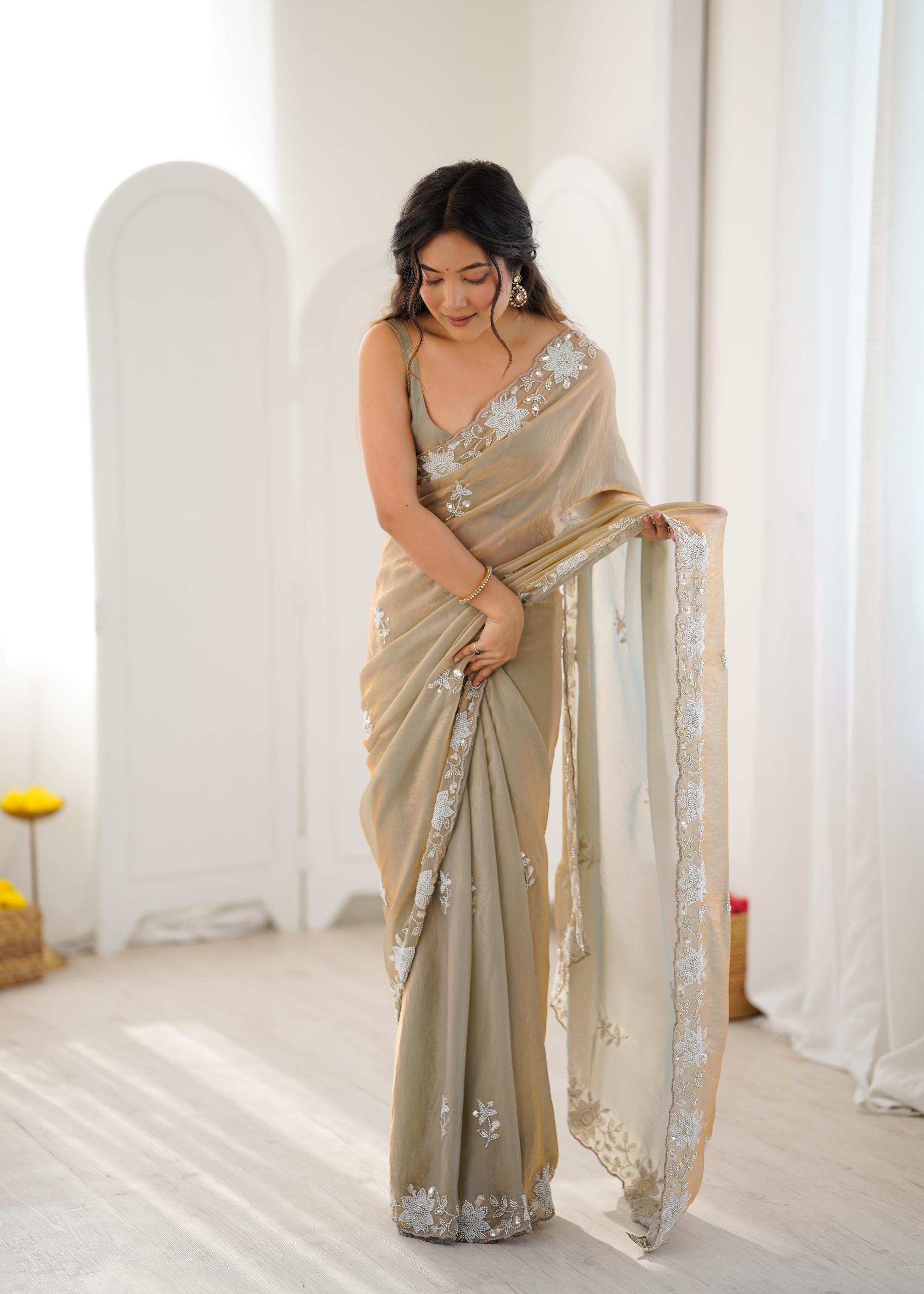 Beige Fendy Satin Sequins Moti Cutdana Saree