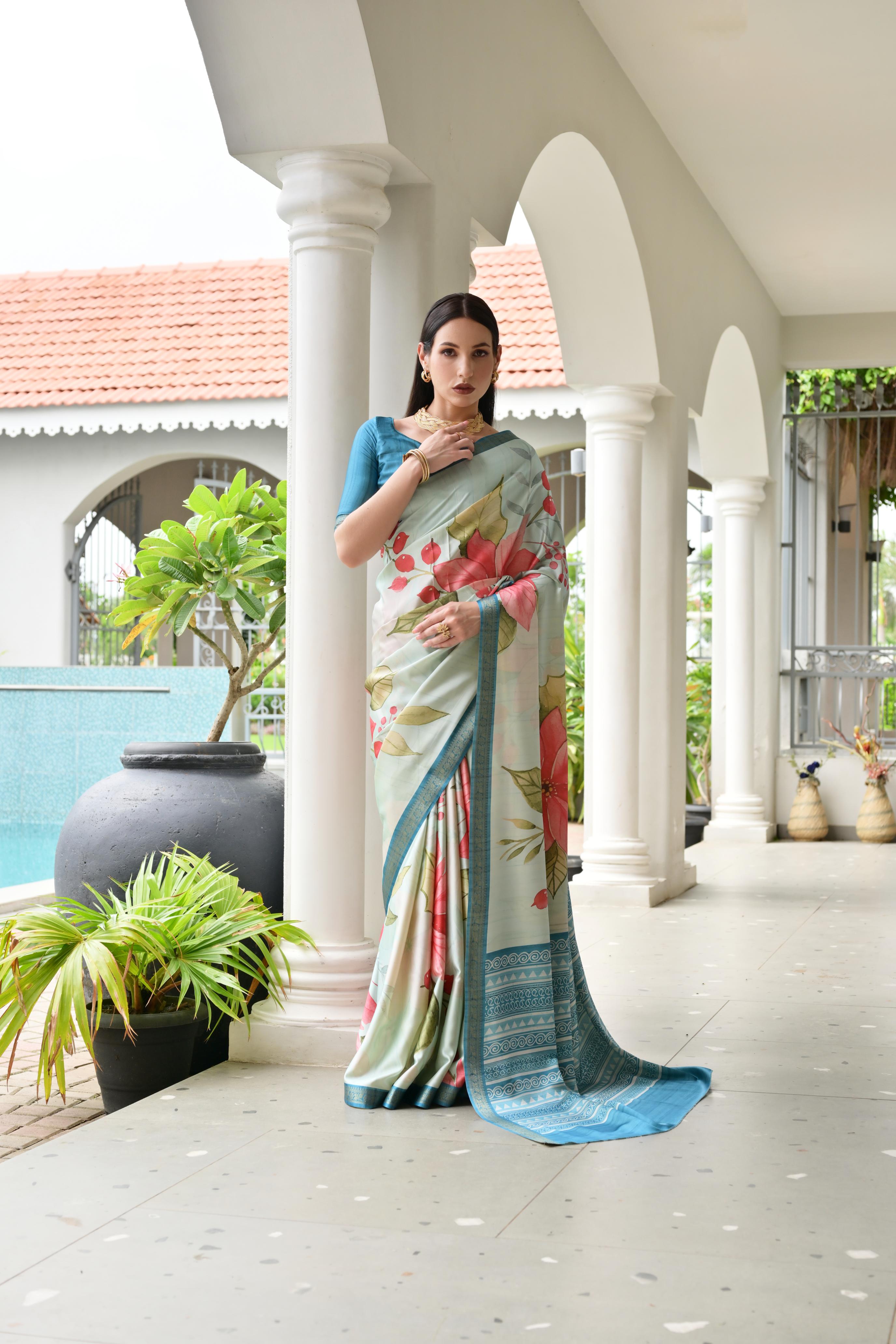Beige Firozi Blue Printed Woven Satin Silk Saree