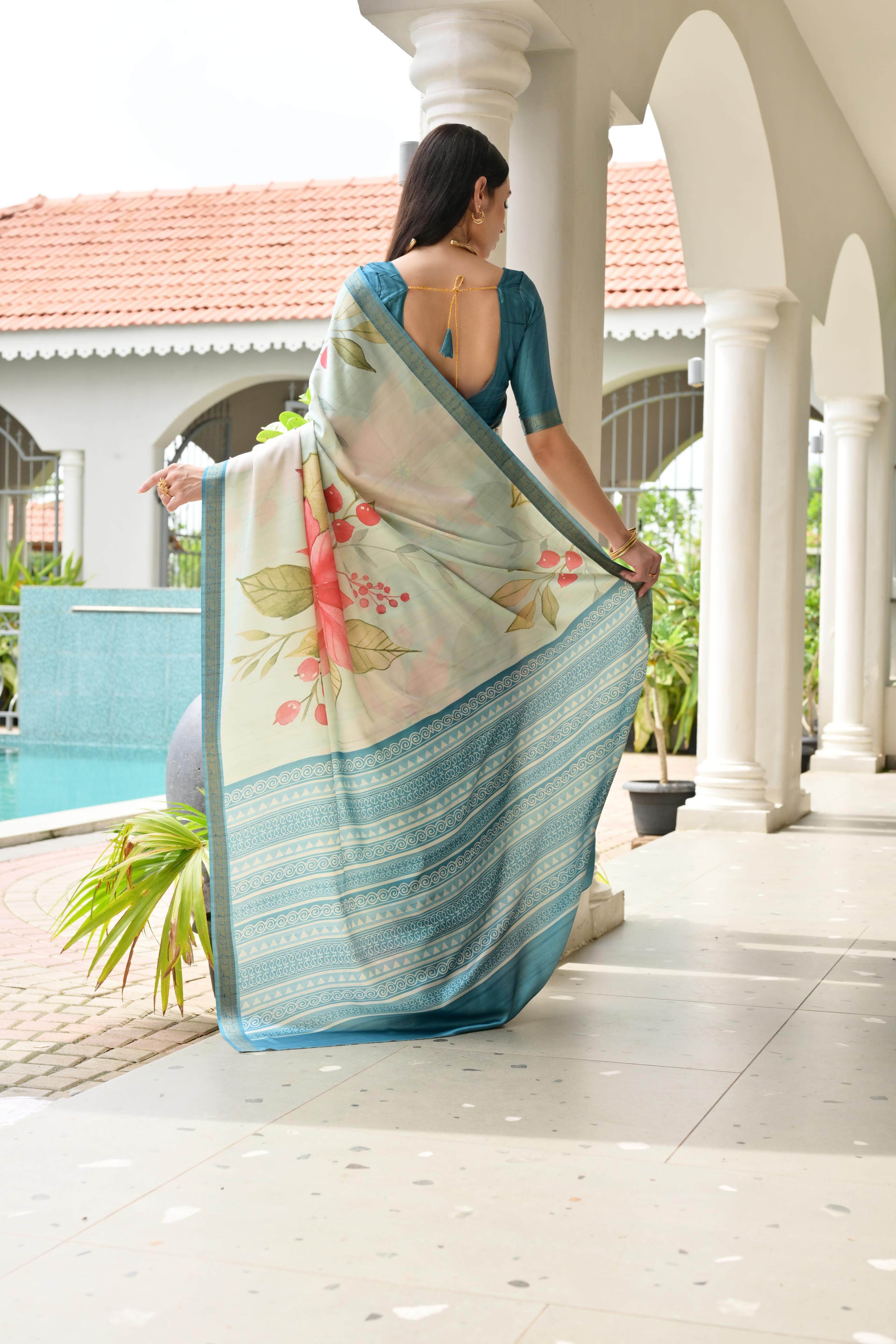 Beige Firozi Blue Printed Woven Satin Silk Saree — alternate view