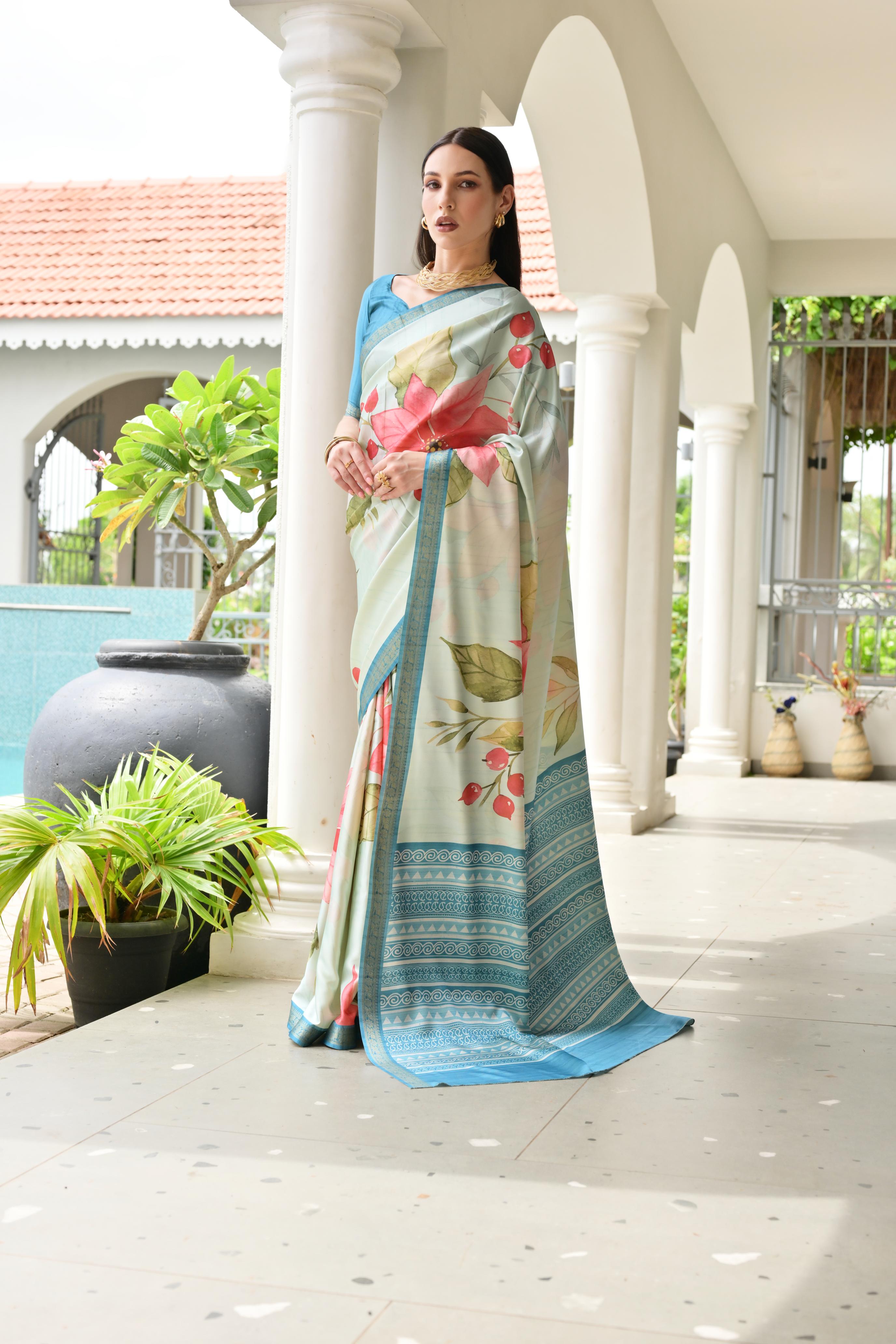 Beige Firozi Blue Printed Woven Satin Silk Saree