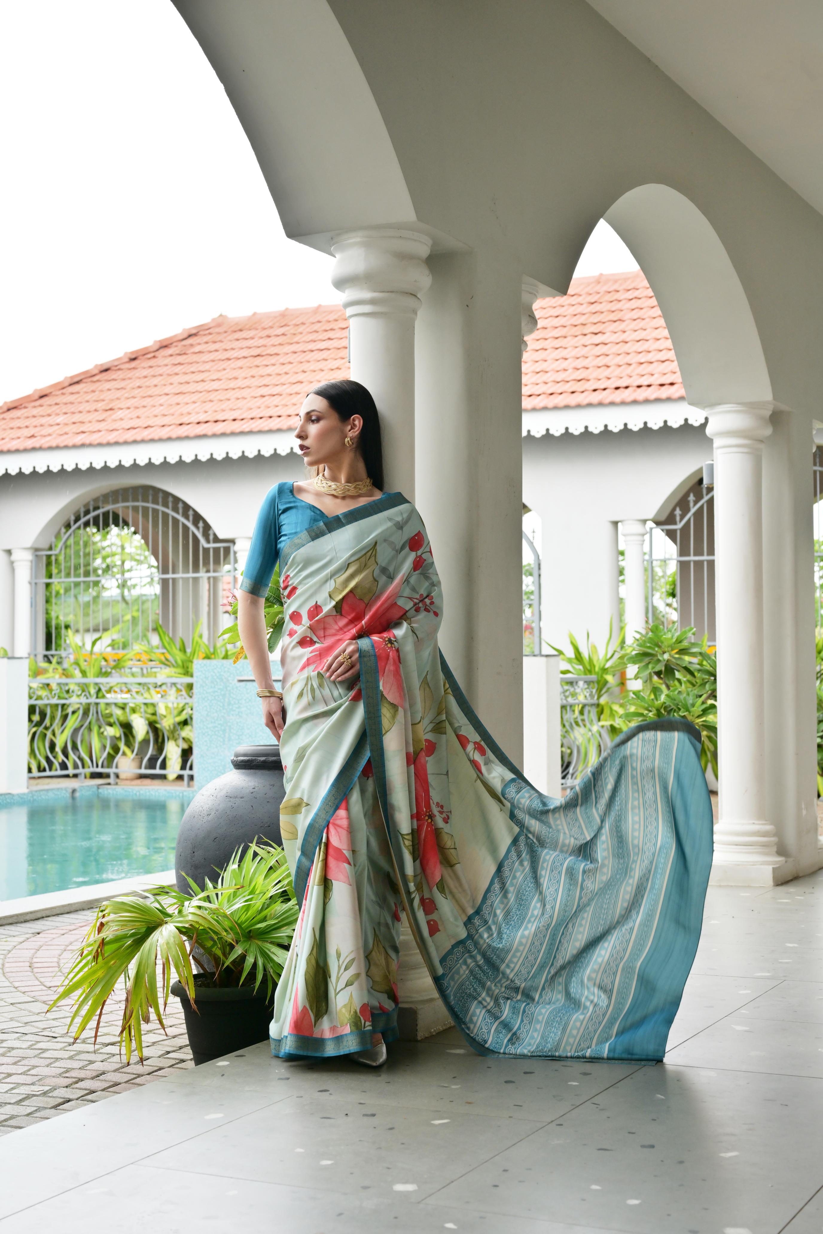 Beige Firozi Blue Printed Woven Satin Silk Saree
