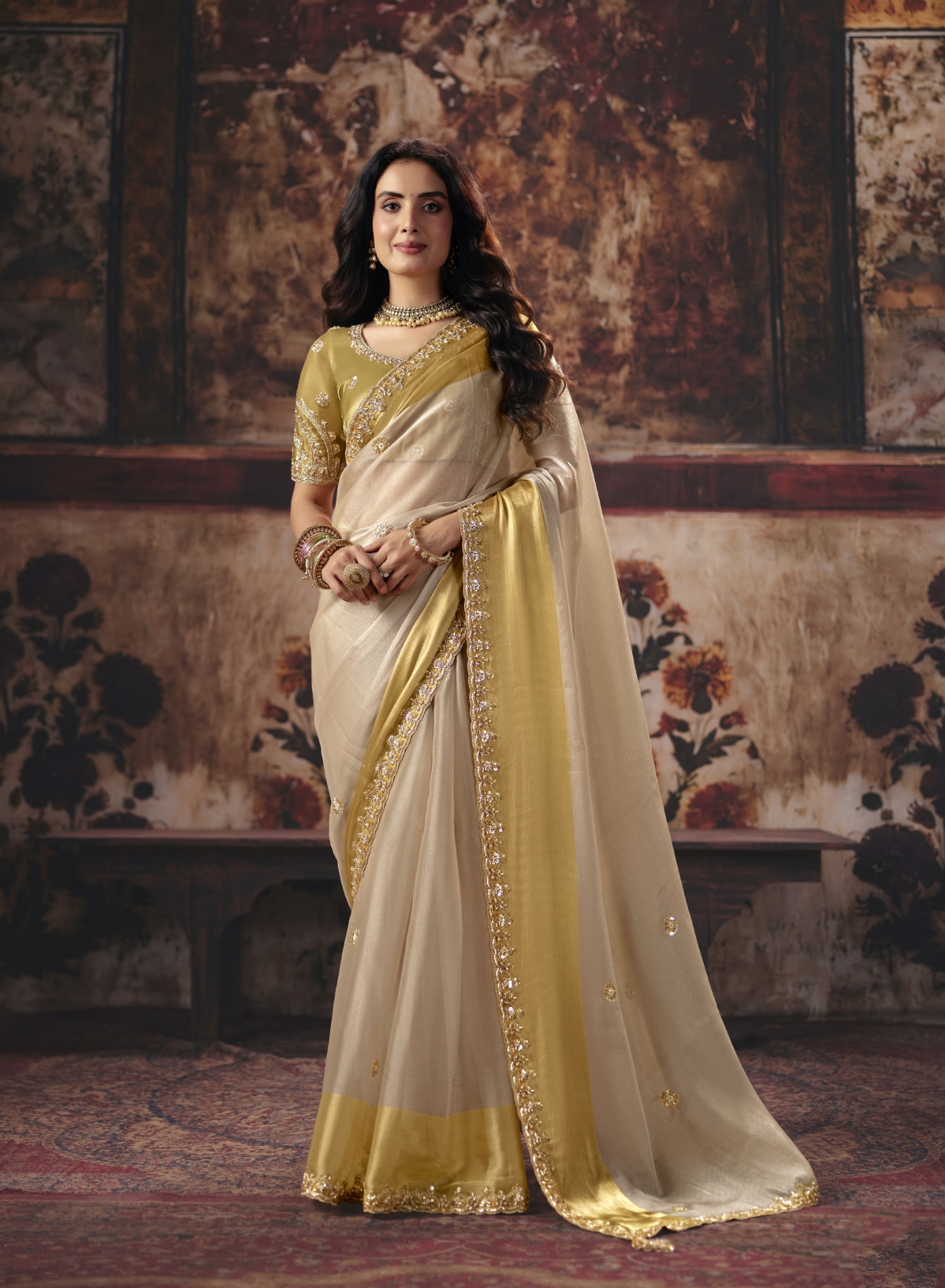 Beige Floral Bead Work Stin Patta Saree