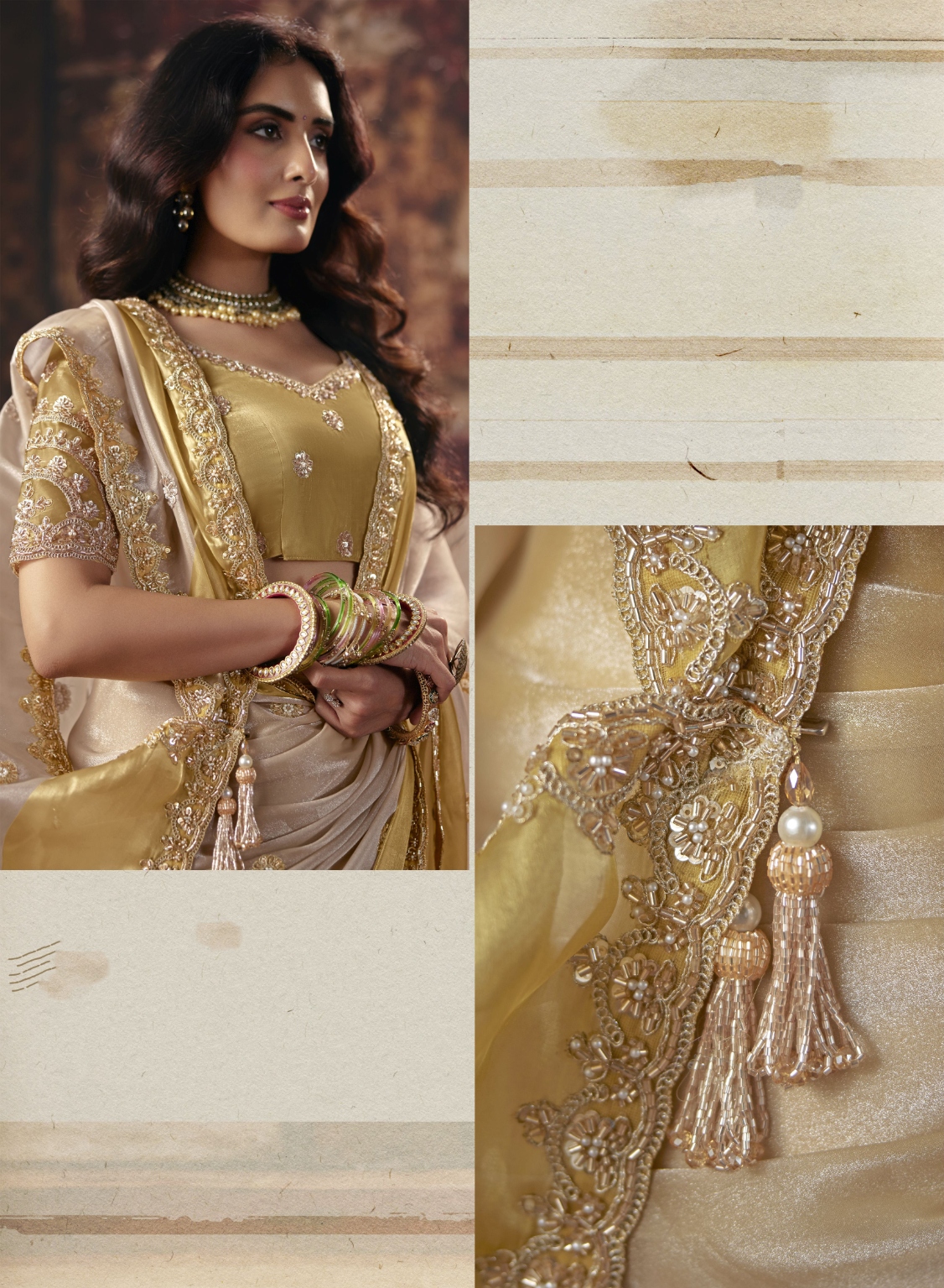 Beige Floral Bead Work Stin Patta Saree