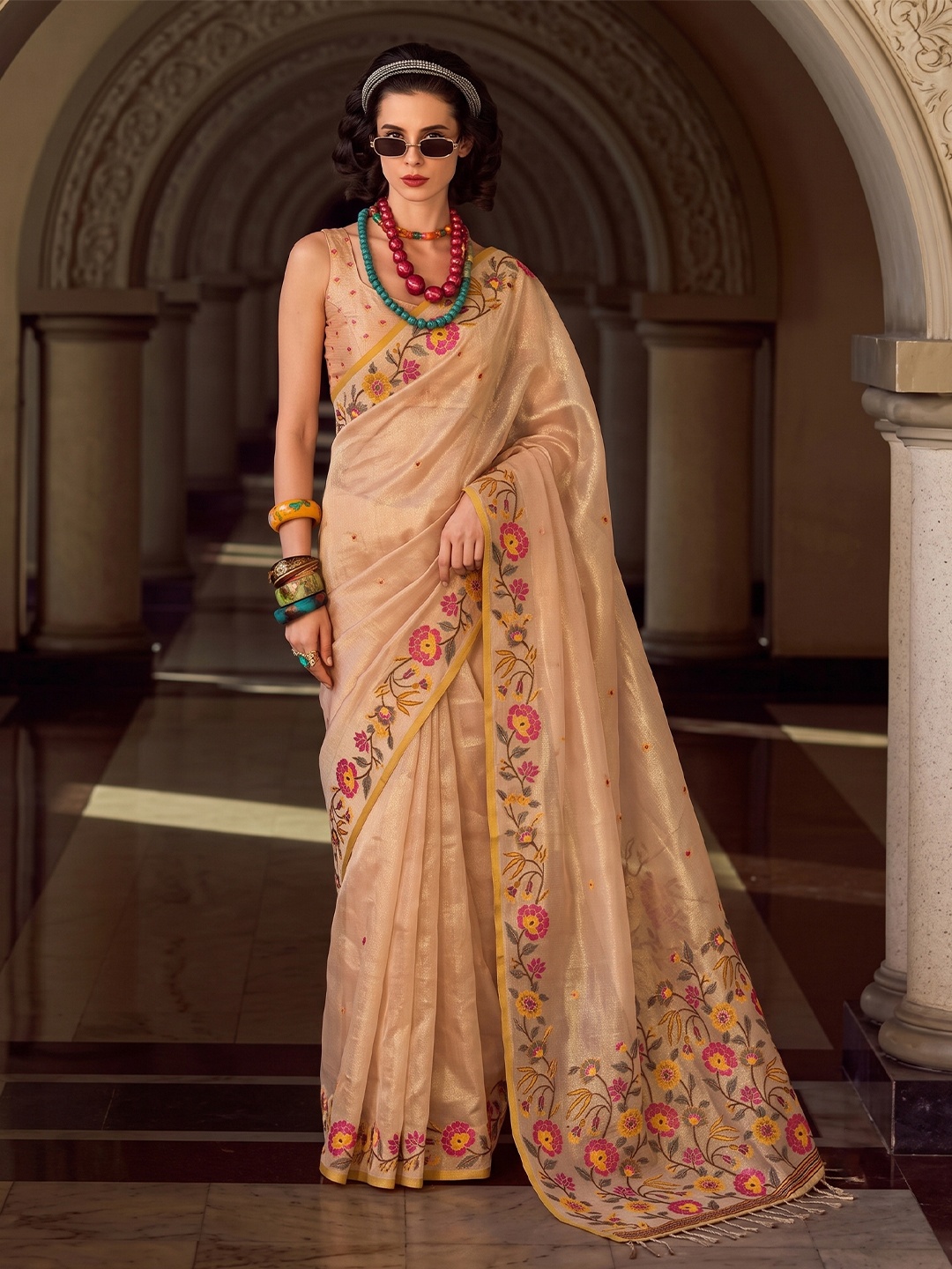 Beige Floral Designer Multithread Embroidery Tissue Silk Saree