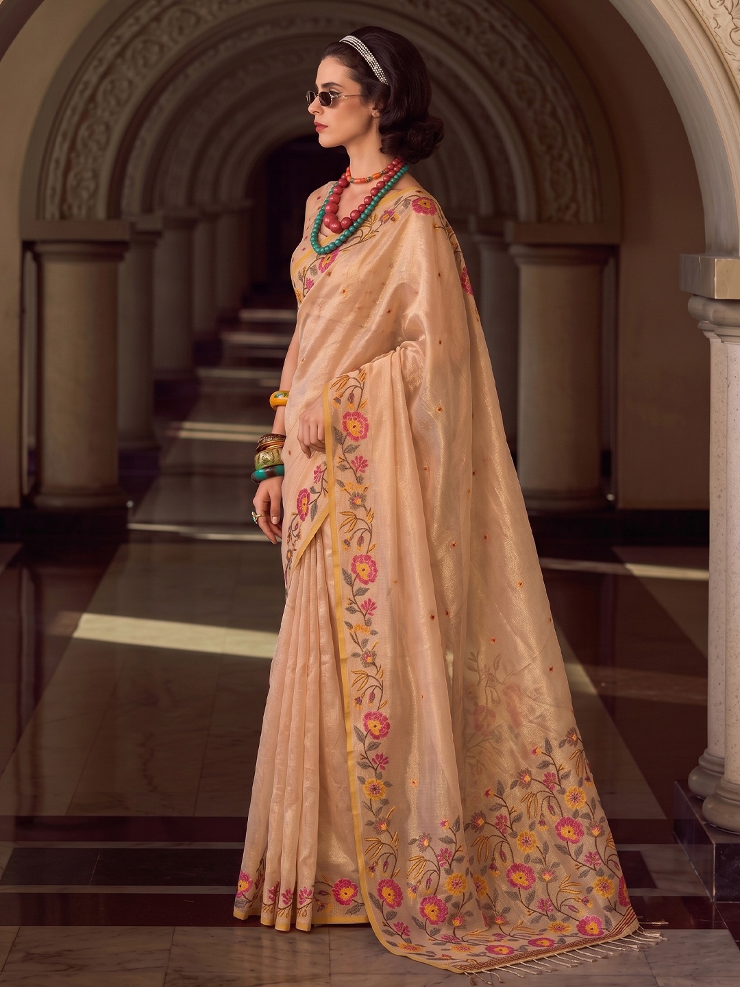 Beige Floral Designer Multithread Embroidery Tissue Silk Saree