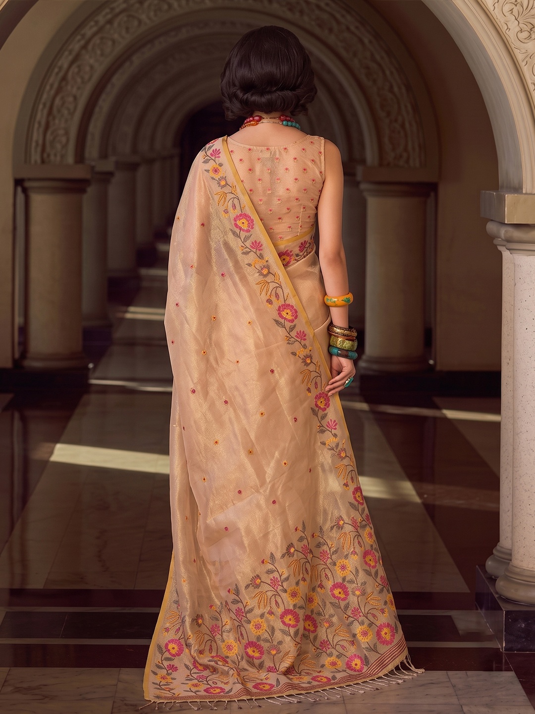 Beige Floral Designer Multithread Embroidery Tissue Silk Saree