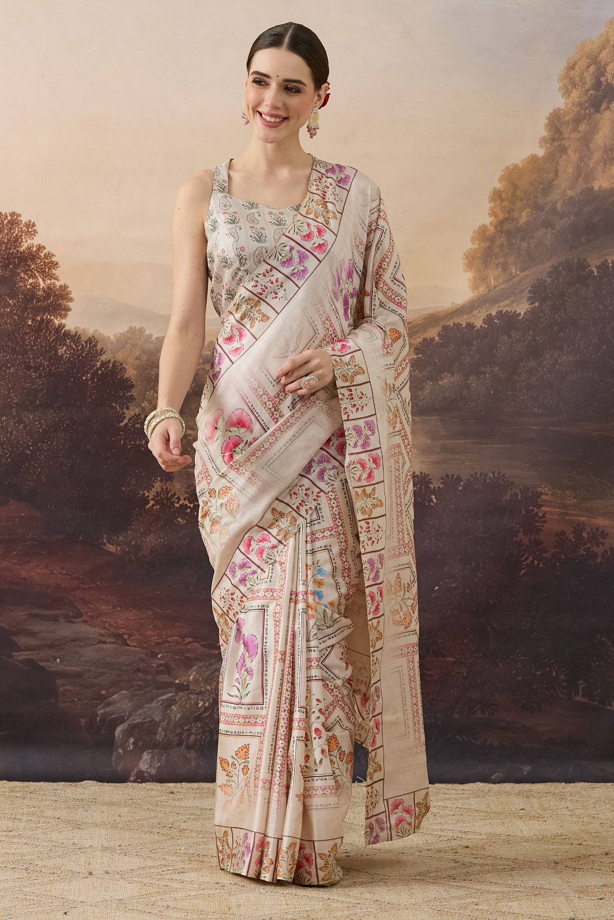 Beige Floral Designer Printed Organza Shirt Collar Ready To Wear Saree