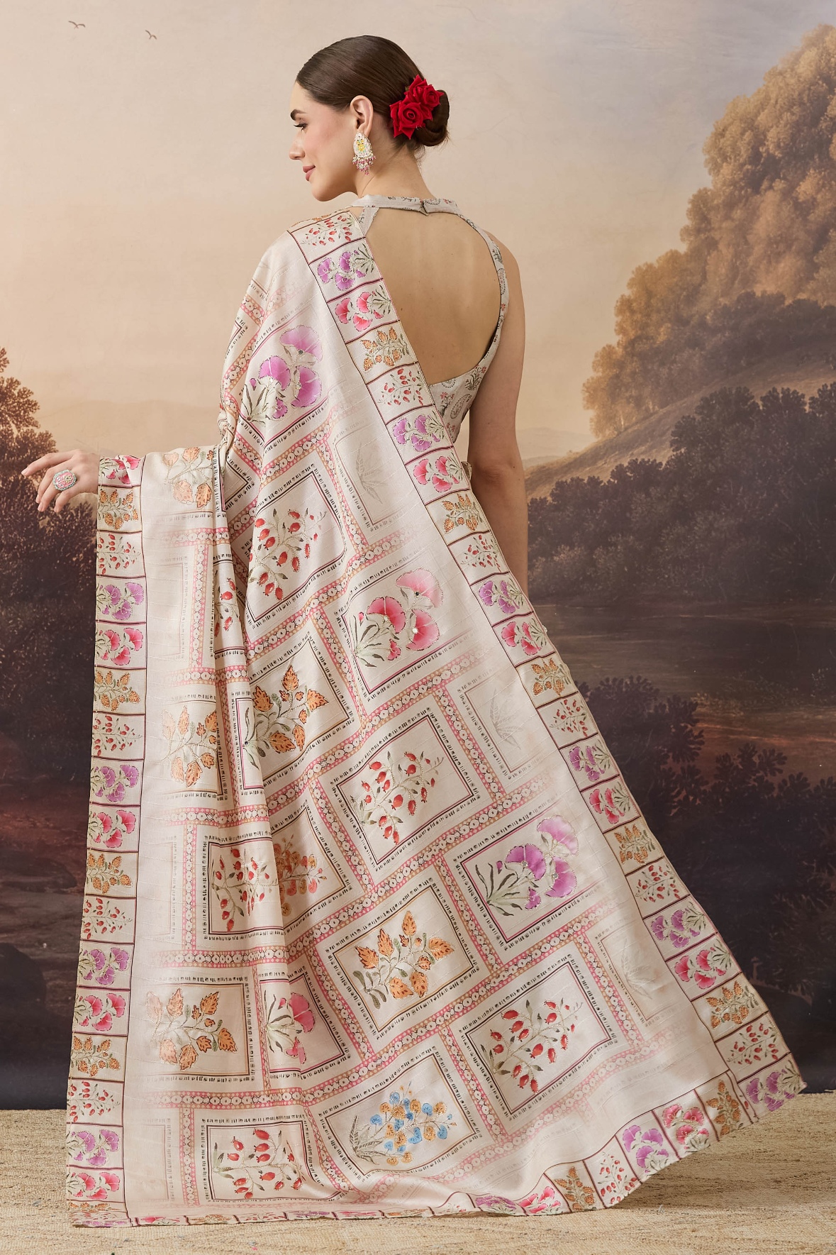 Beige Floral Designer Printed Organza Shirt Collar Ready To Wear Saree — alternate view