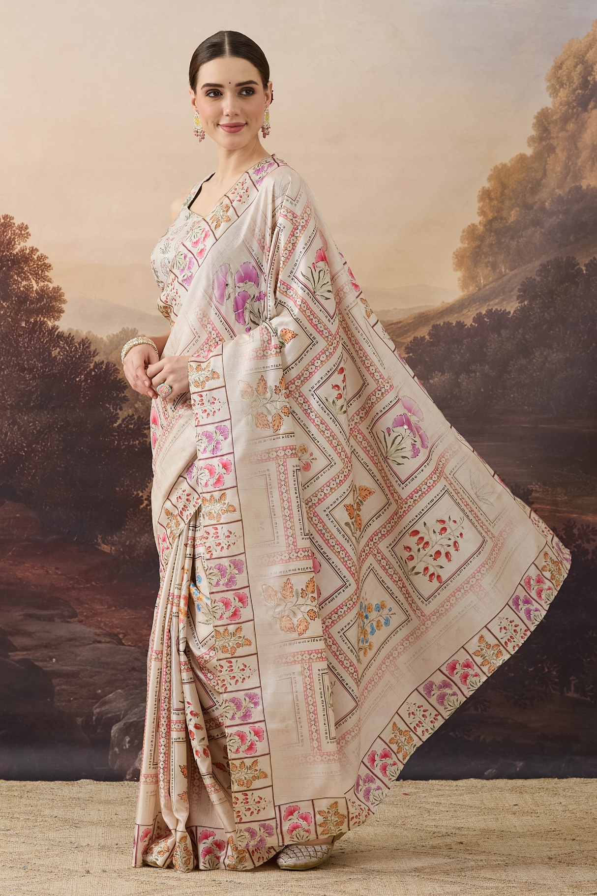 Beige Floral Designer Printed Organza Shirt Collar Ready To Wear Saree