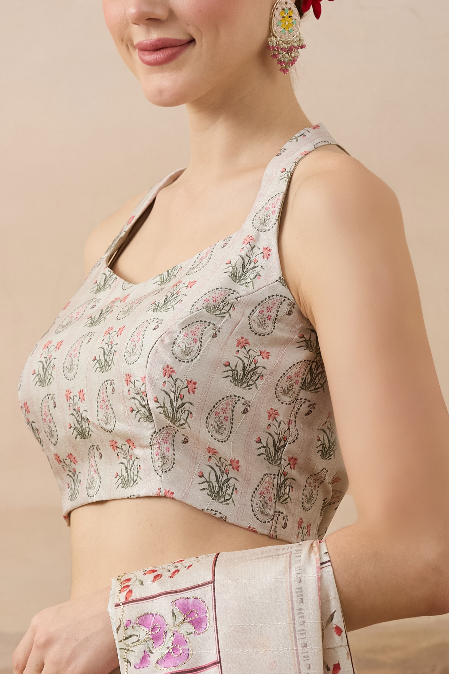 Beige Floral Designer Printed Organza Shirt Collar Ready To Wear Saree