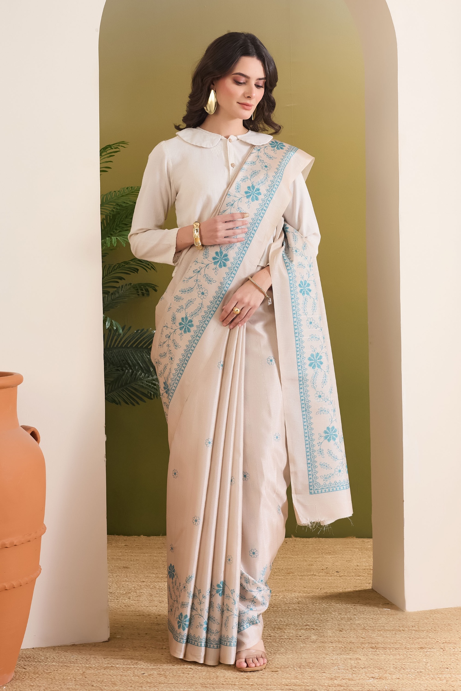 Beige Floral Designer Printed Silk Blend Shirt Collar Ready To Wear Saree