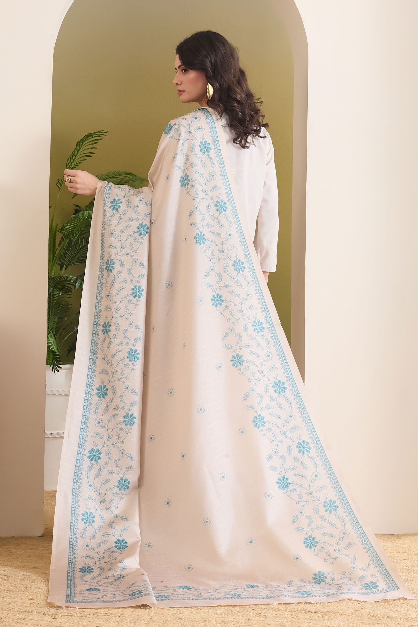 Beige Floral Designer Printed Silk Blend Shirt Collar Ready To Wear Saree — alternate view