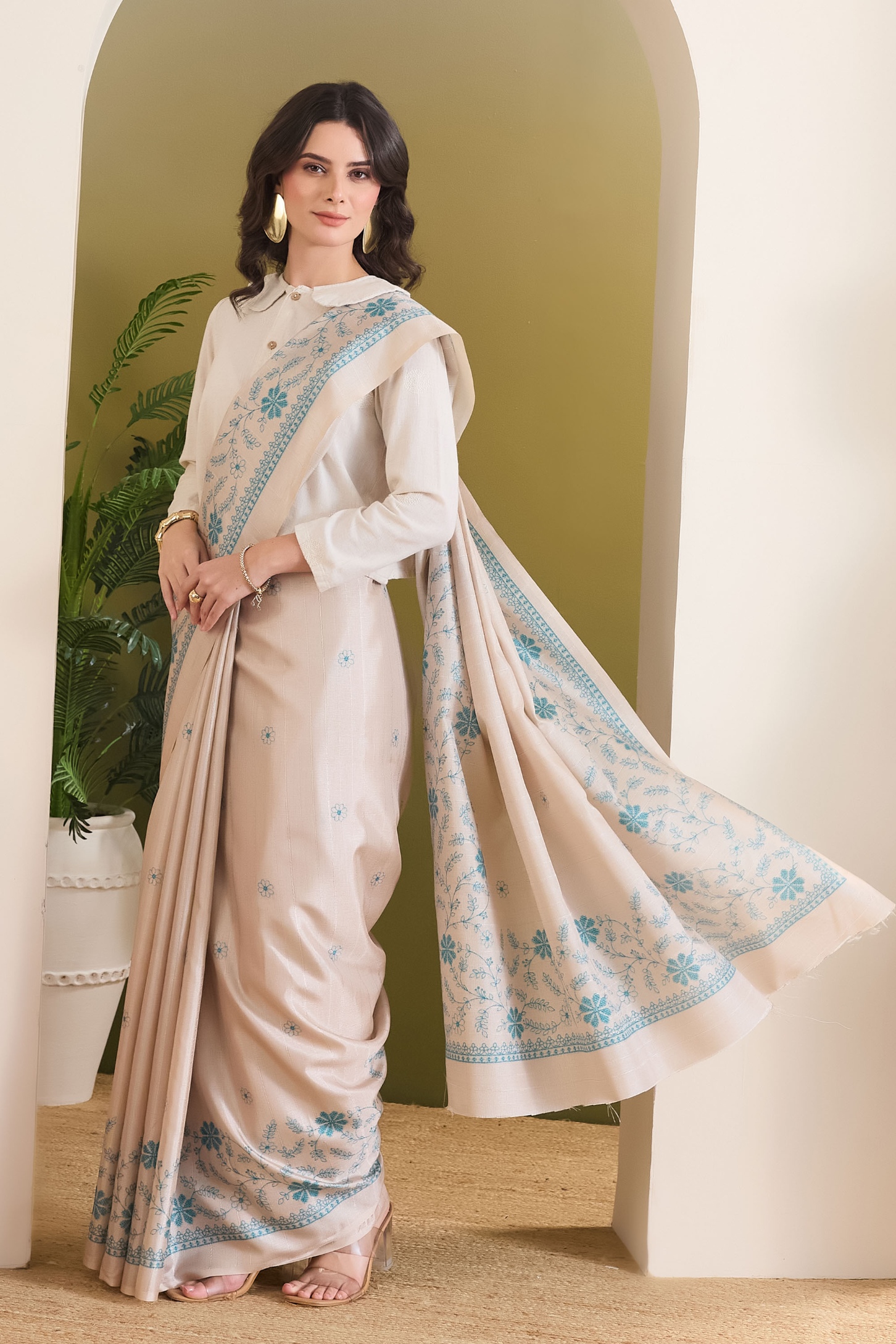 Beige Floral Designer Printed Silk Blend Shirt Collar Ready To Wear Saree
