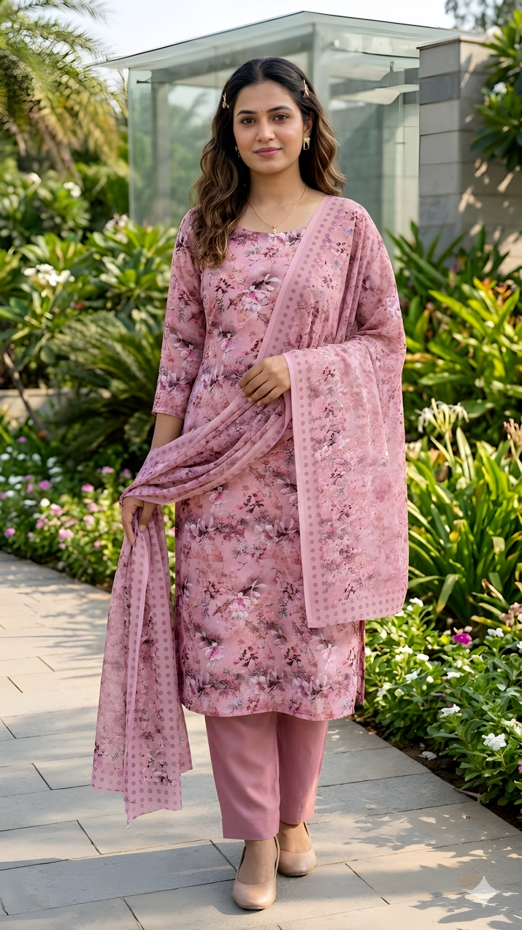 Beige Floral Digital Crepe Straight Salwar Suit — alternate view