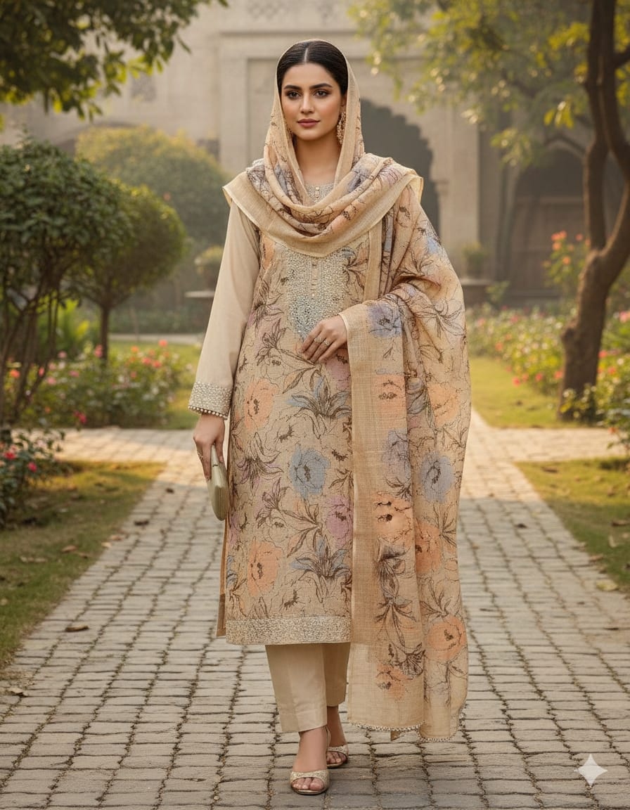 Beige Floral Digital Print Embroidered Mul Cotton Straight Pant Suit