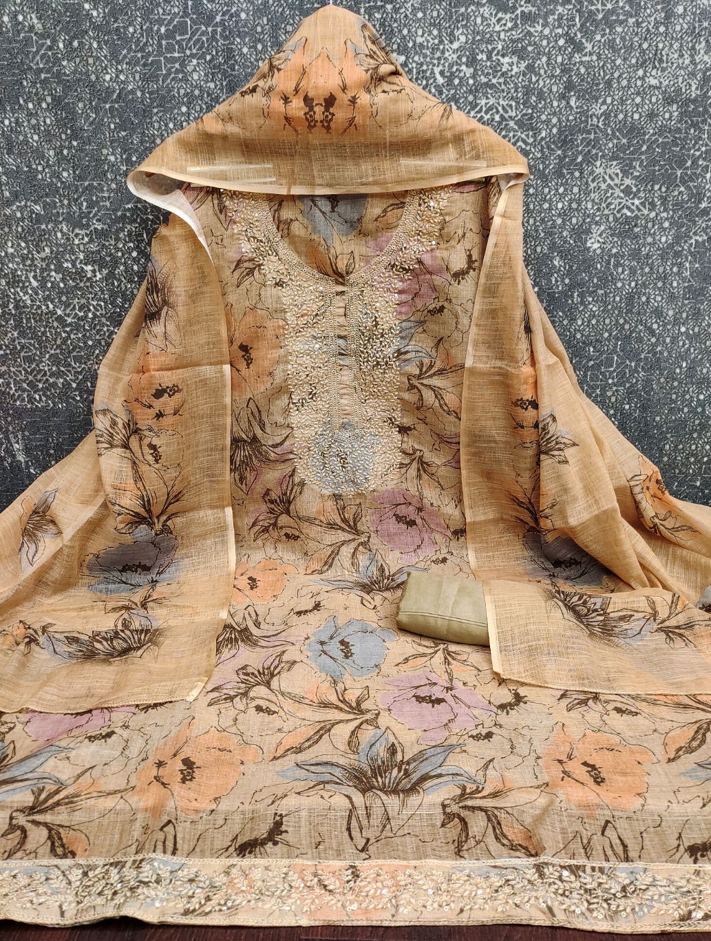 Beige Floral Digital Print Embroidered Mul Cotton Straight Pant Suit