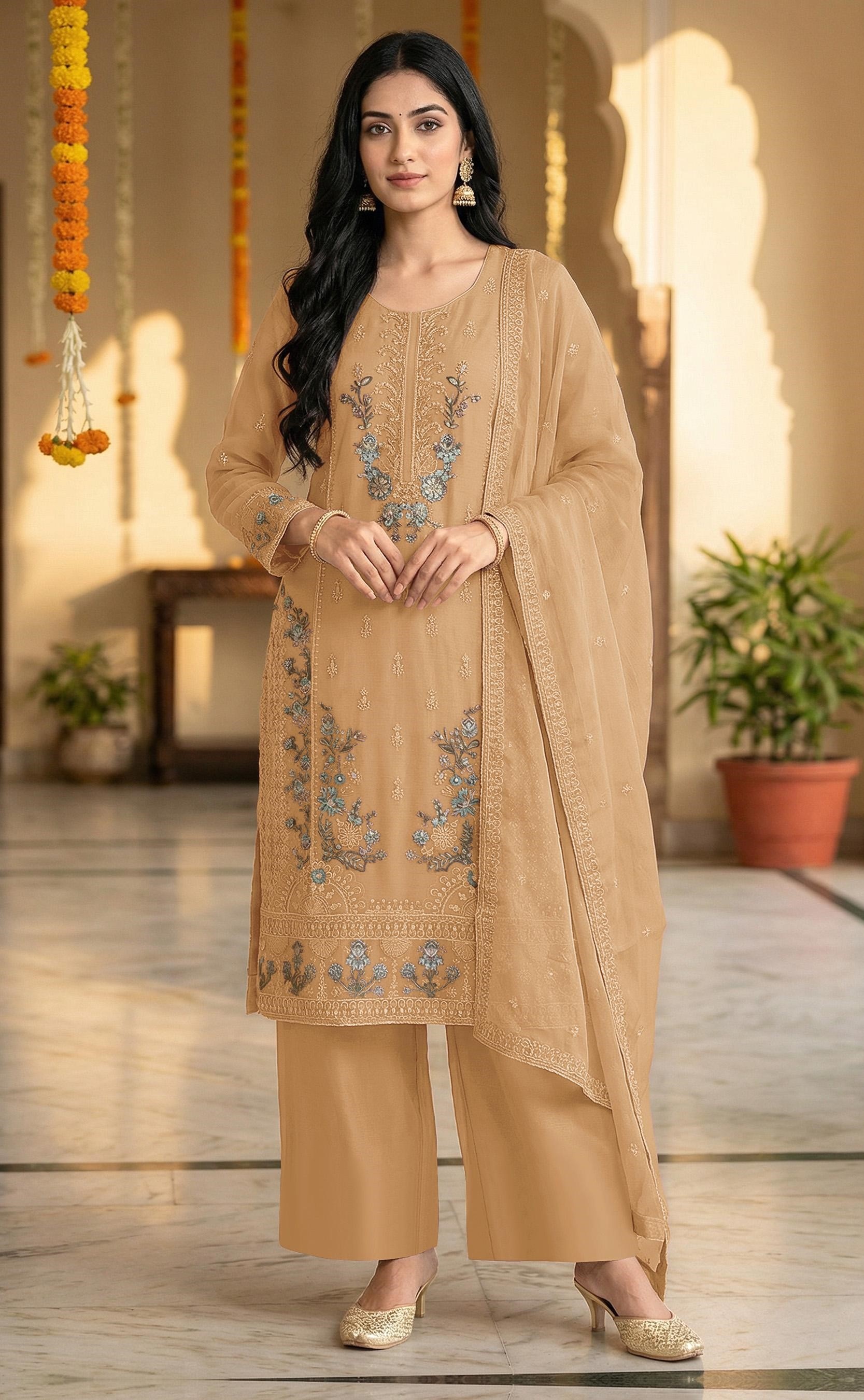 Beige Floral Embroidered Chiffon Salwar Suit