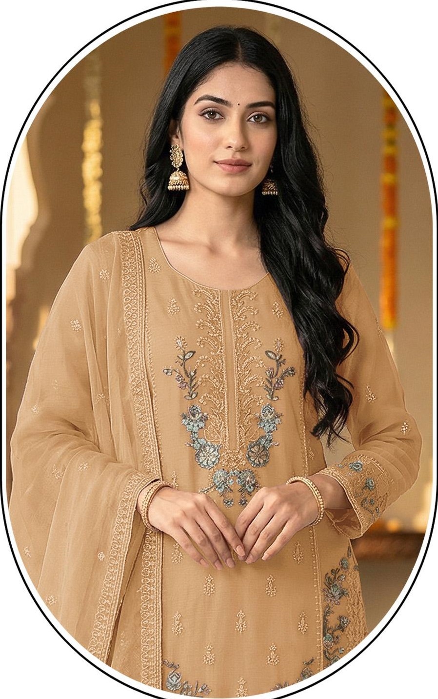 Beige Floral Embroidered Chiffon Salwar Suit — alternate view