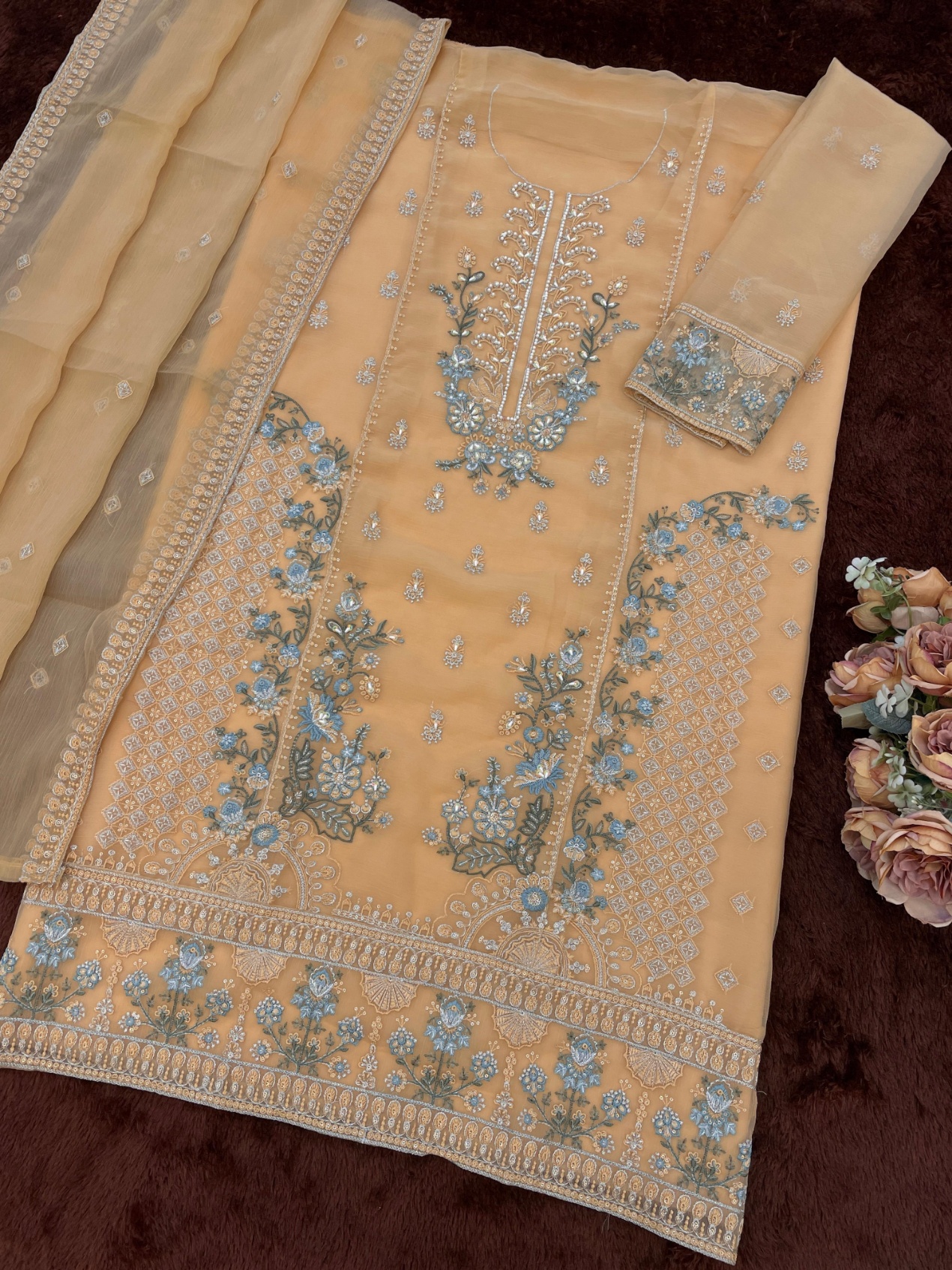 Beige Floral Embroidered Chiffon Salwar Suit