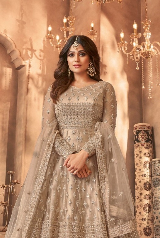 Beige Floral Embroidered Net Anarkali Suit — alternate view