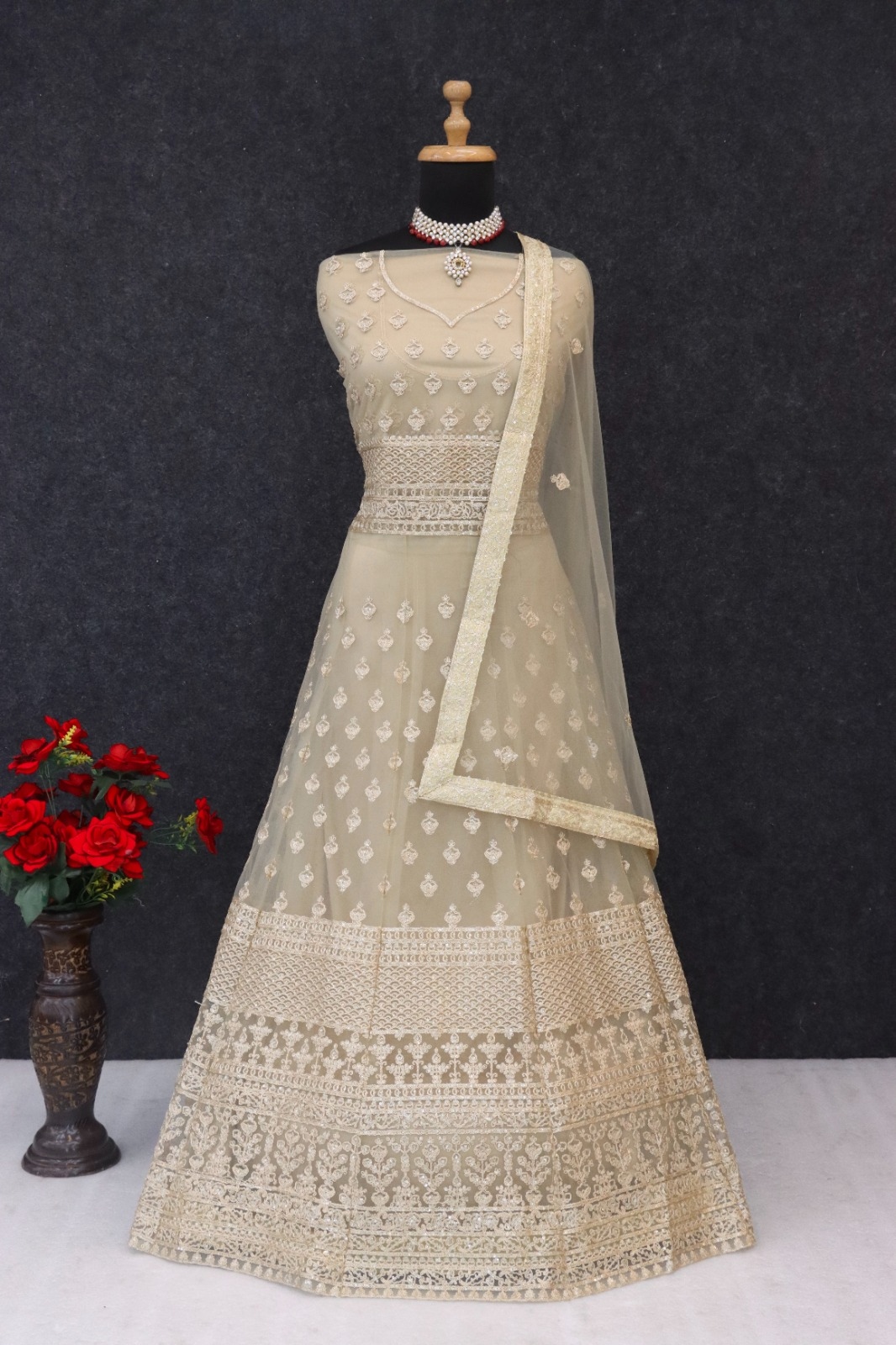 Beige Floral Embroidered Net Anarkali Suit