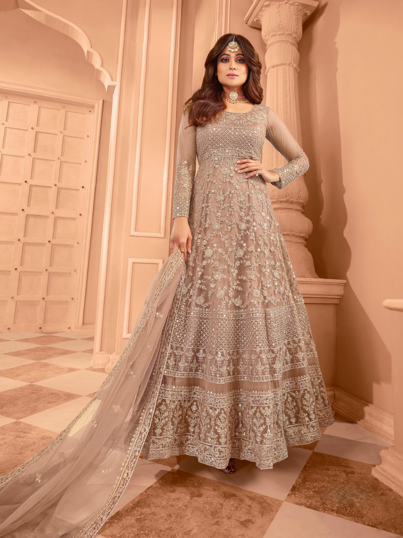 Beige Floral Embroidered Net Anarkali Suit