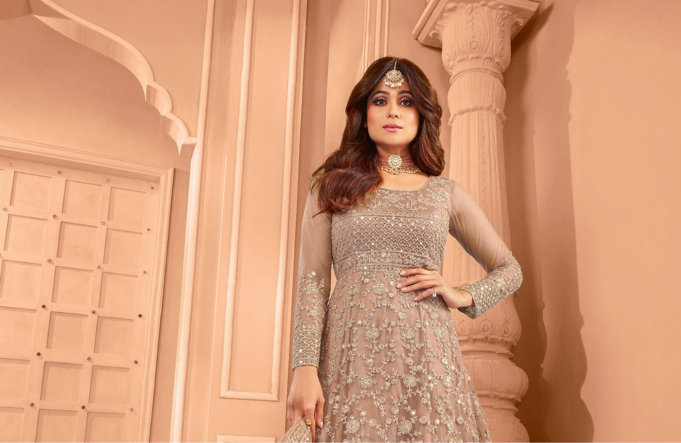 Beige Floral Embroidered Net Anarkali Suit