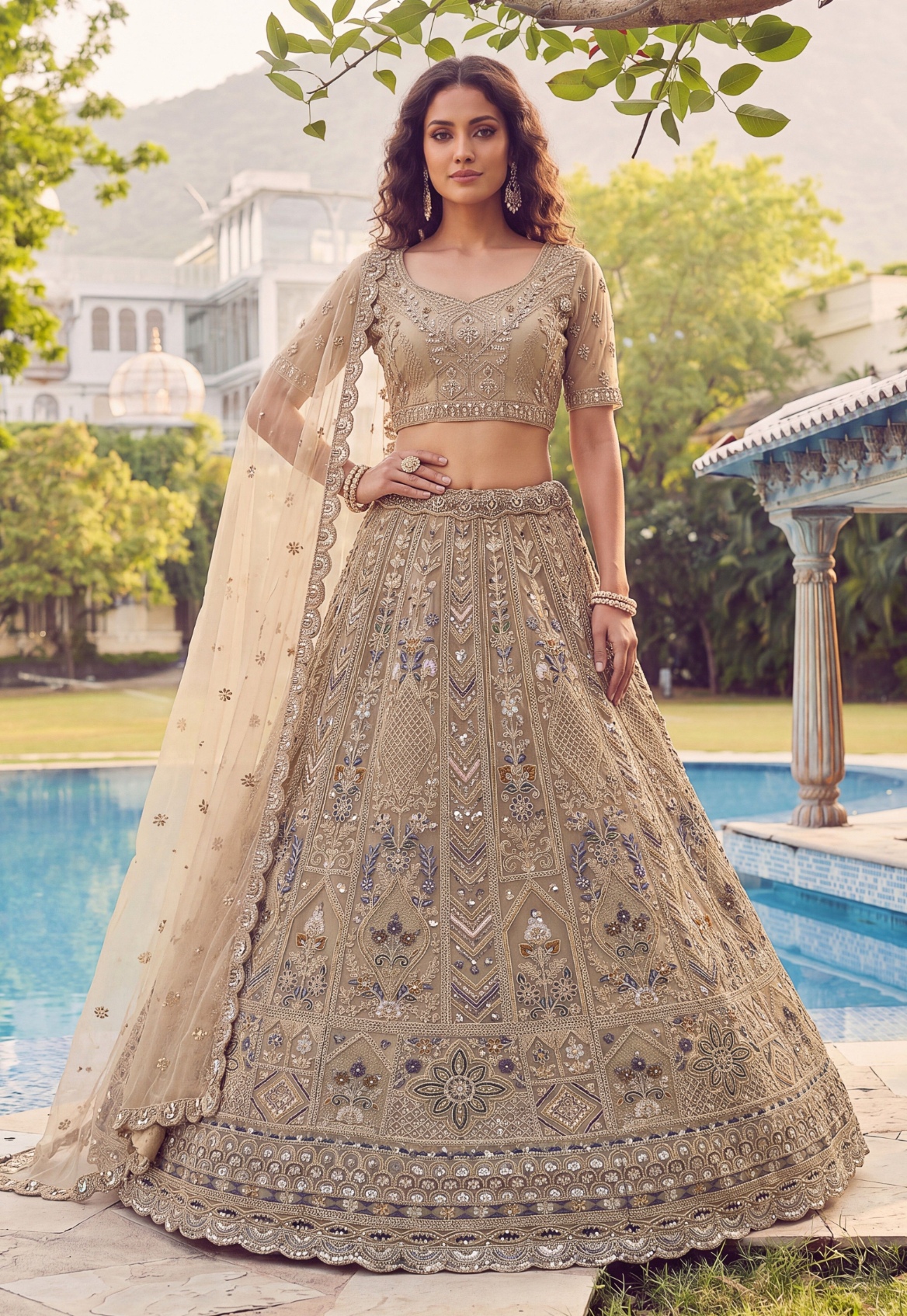 Beige Floral Embroidered Net Lehenga Choli
