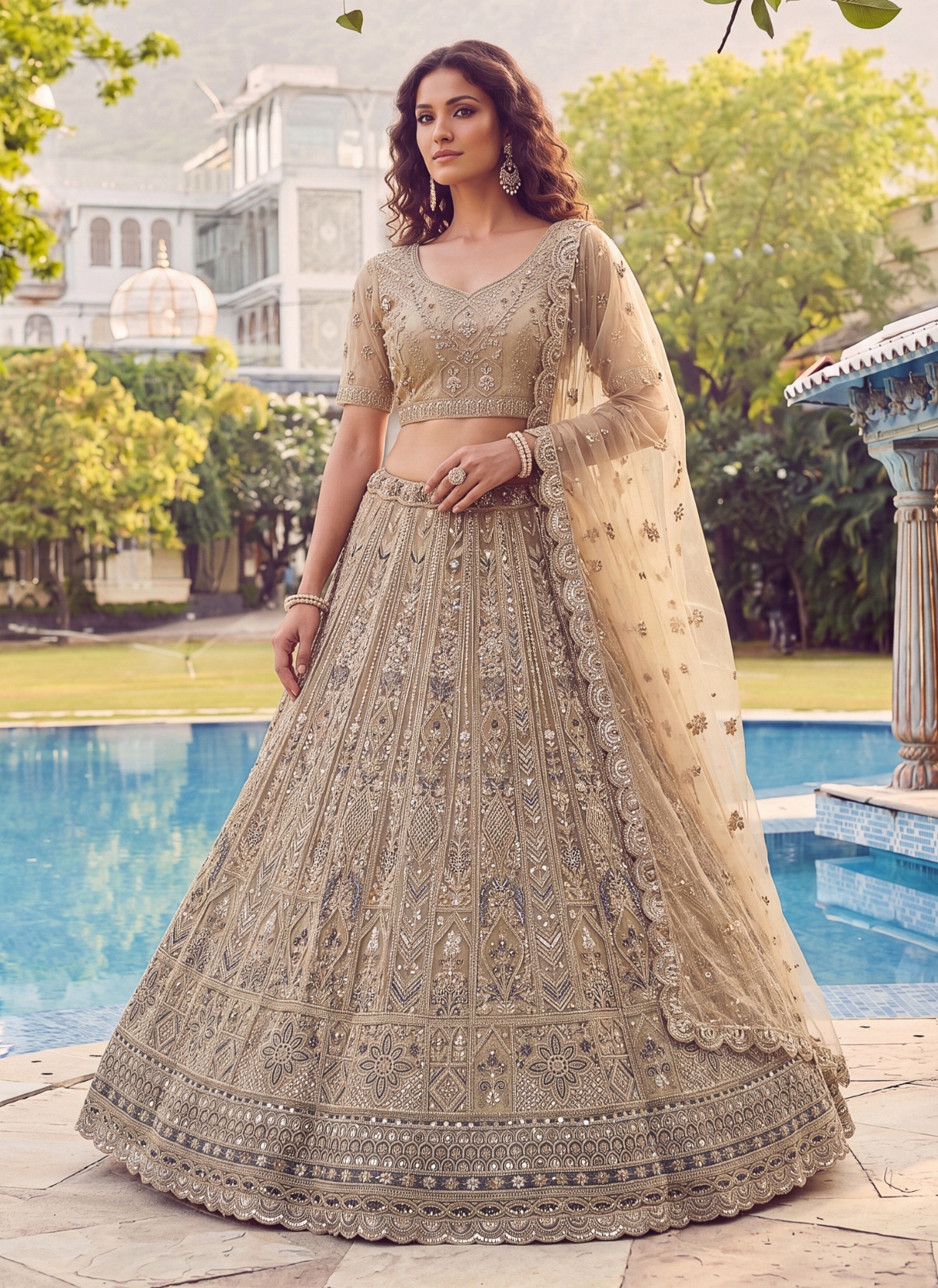 Beige Floral Embroidered Net Lehenga Choli — alternate view