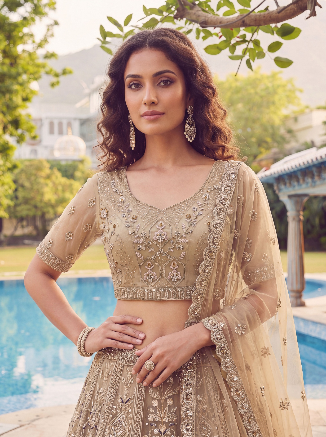 Beige Floral Embroidered Net Lehenga Choli