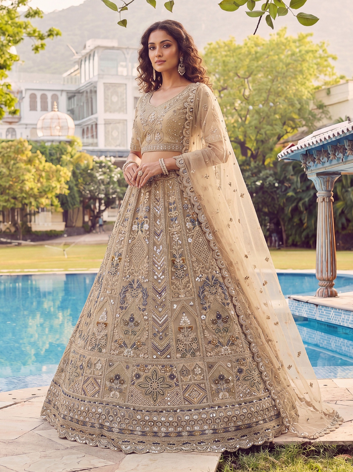 Beige Floral Embroidered Net Lehenga Choli