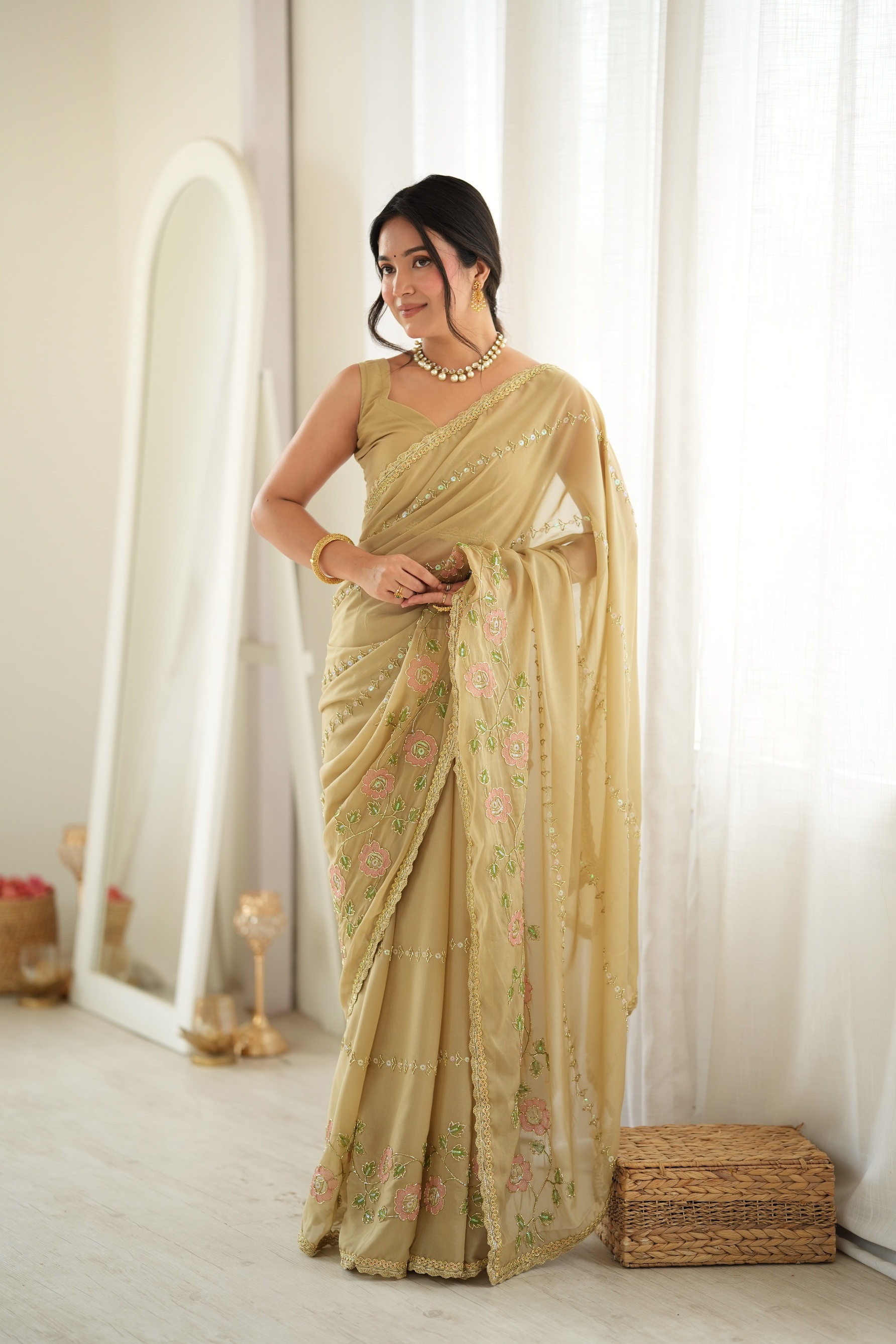 Beige Floral Embroidered Star Georgette Saree