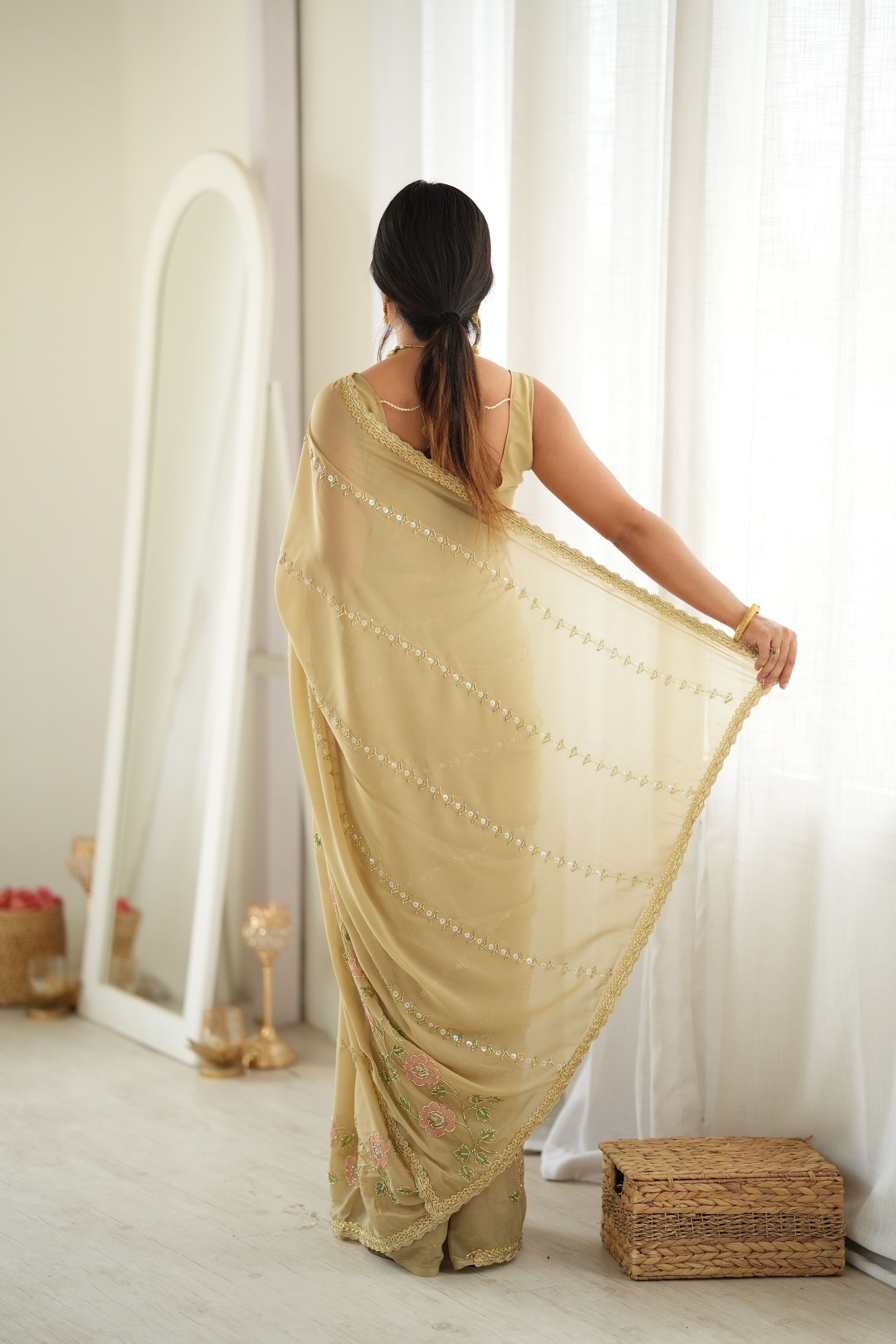 Beige Floral Embroidered Star Georgette Saree — alternate view