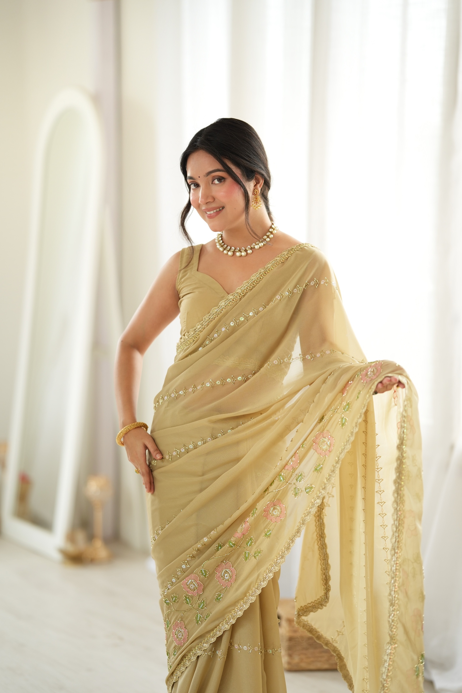 Beige Floral Embroidered Star Georgette Saree