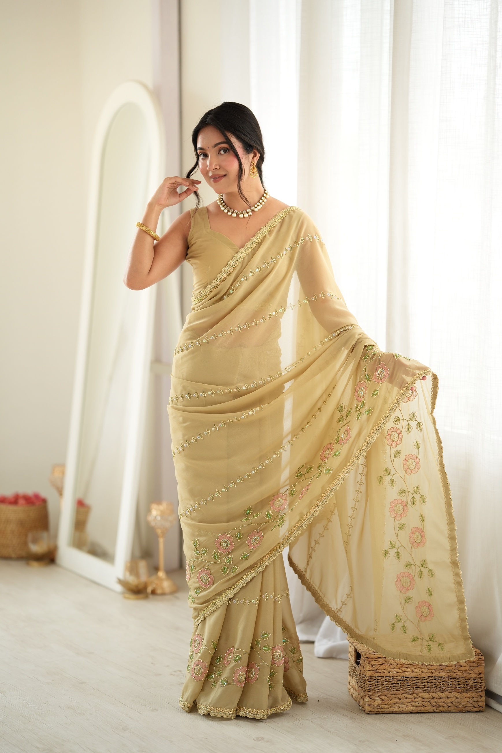 Beige Floral Embroidered Star Georgette Saree