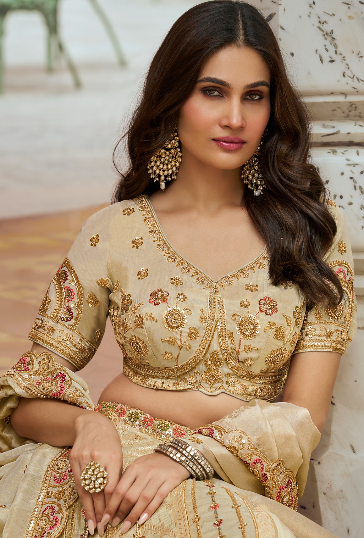 Beige Floral Embroidery Banarasi Premium Silk Lehenga Choli