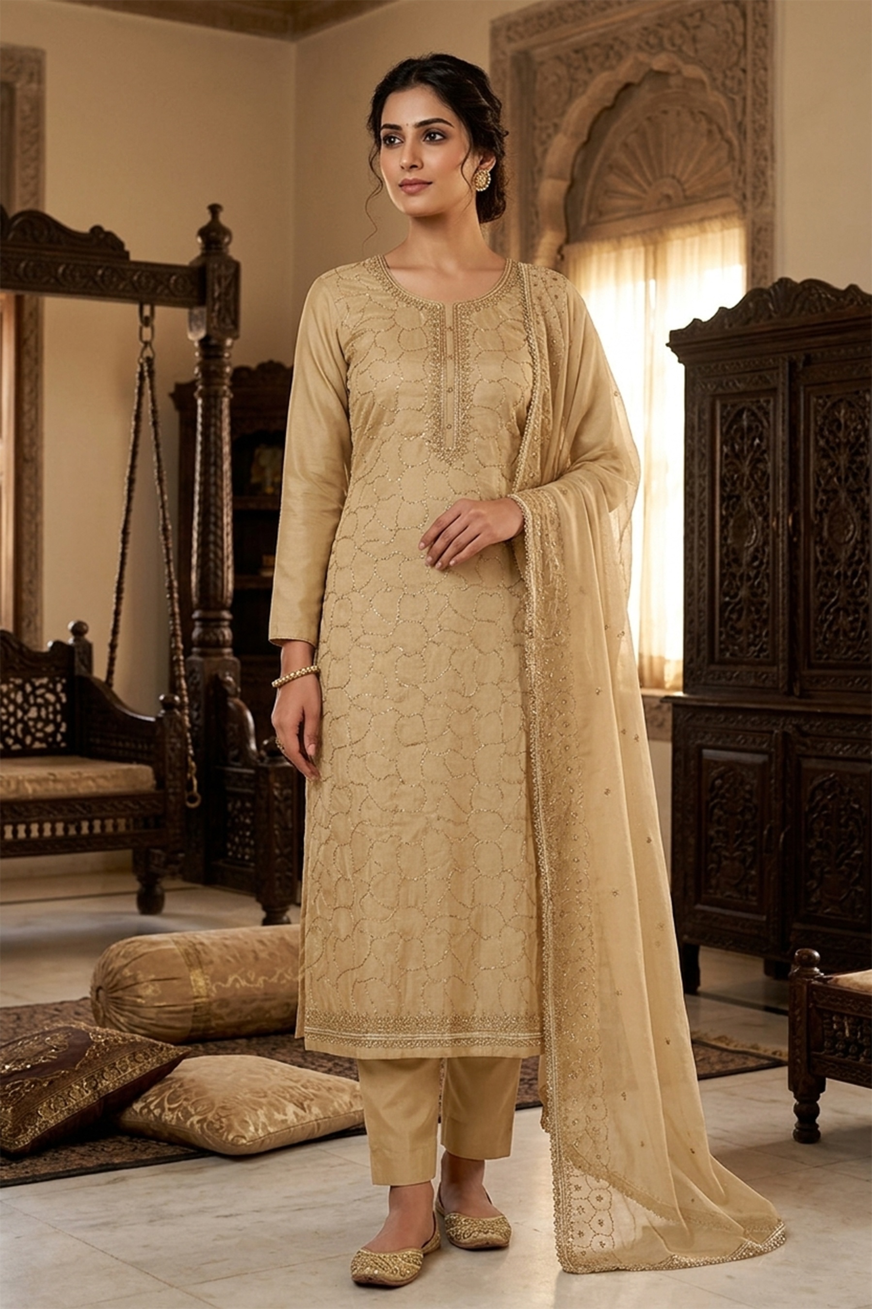 Beige Floral Jaal Jam Cotton Salwar Suit