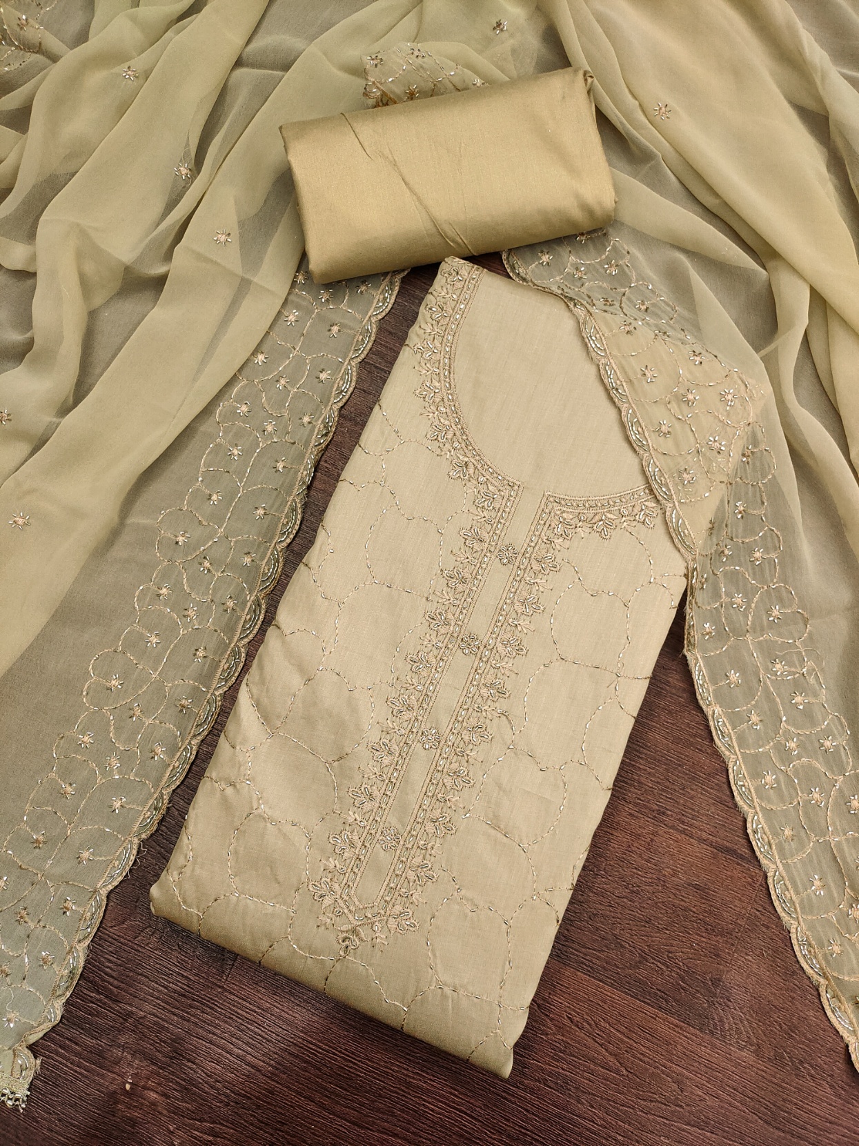 Beige Floral Jaal Jam Cotton Salwar Suit