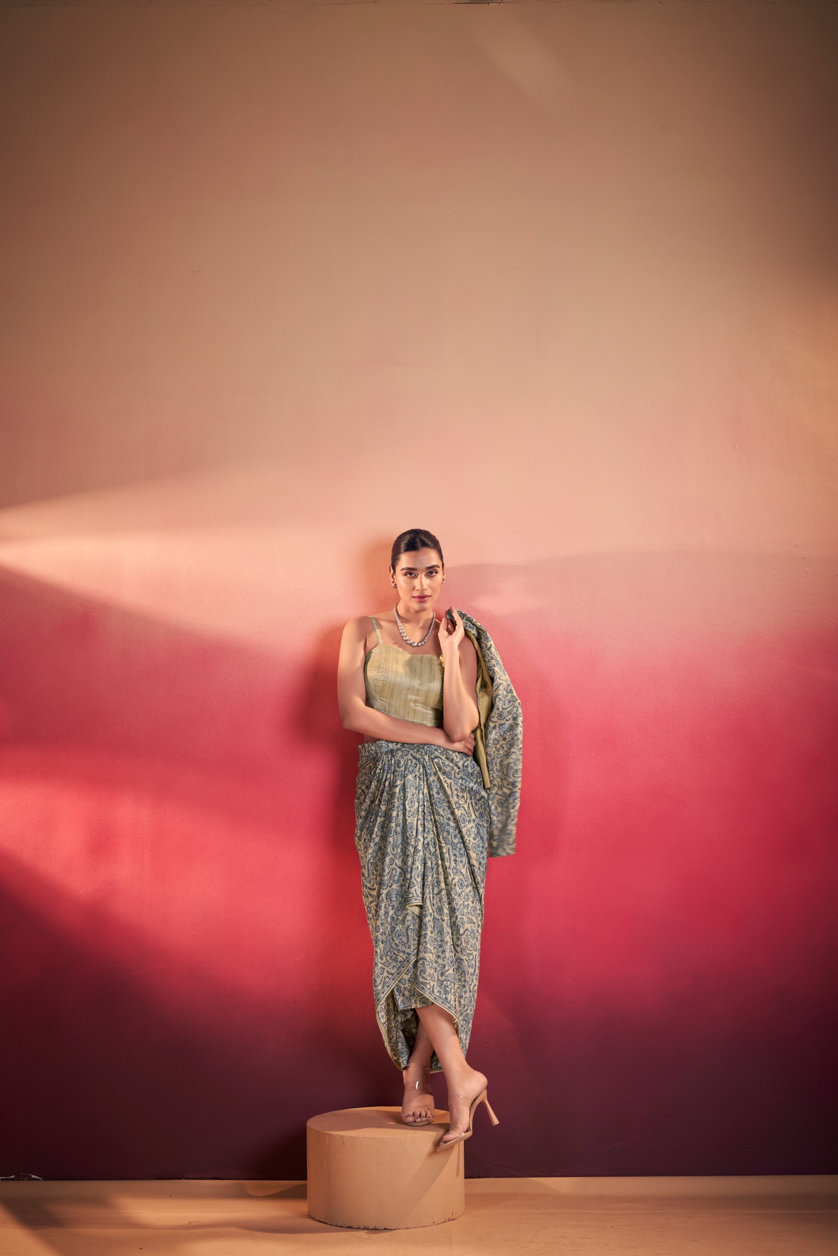 Beige Floral Motif Printed Tussar Silk Jacket Indo Western