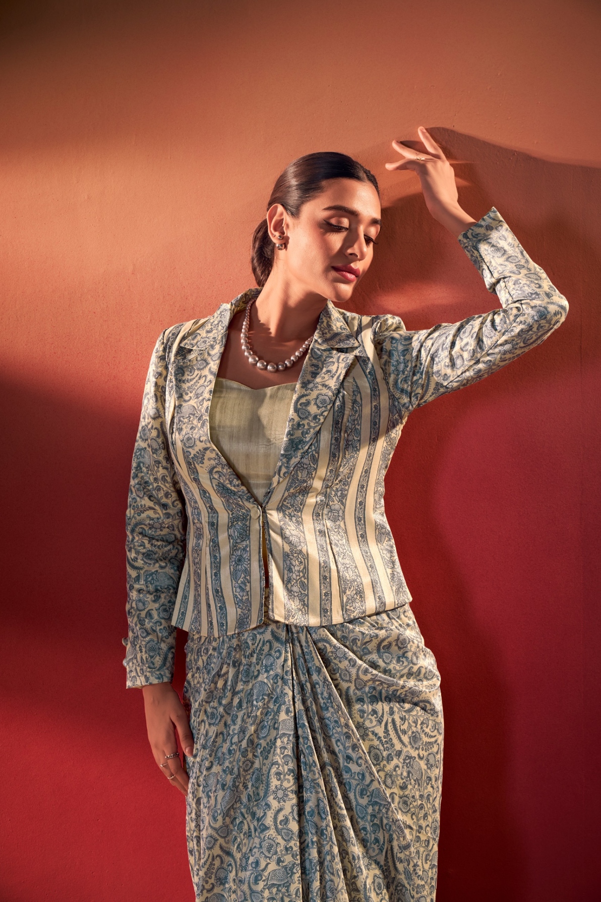 Beige Floral Motif Printed Tussar Silk Jacket Indo Western
